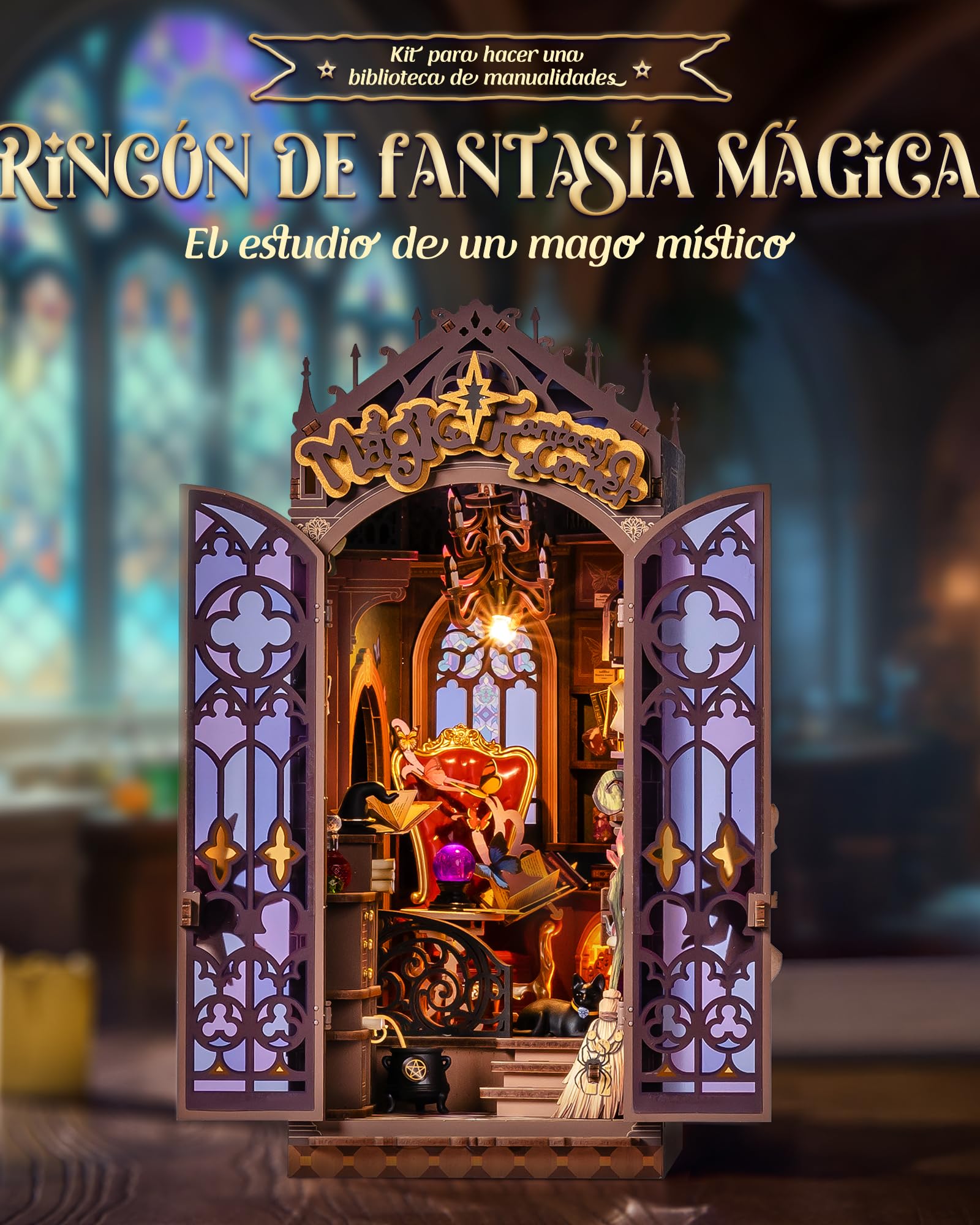 Rolife Book Nook Puzzle 3D Magic Fantasy Corner, DIY Miniature House con Luz y Puerta con Cierre, Booknook Kit de Diorama para Estantería de Esquina, Cumpleaños Único para Adultos