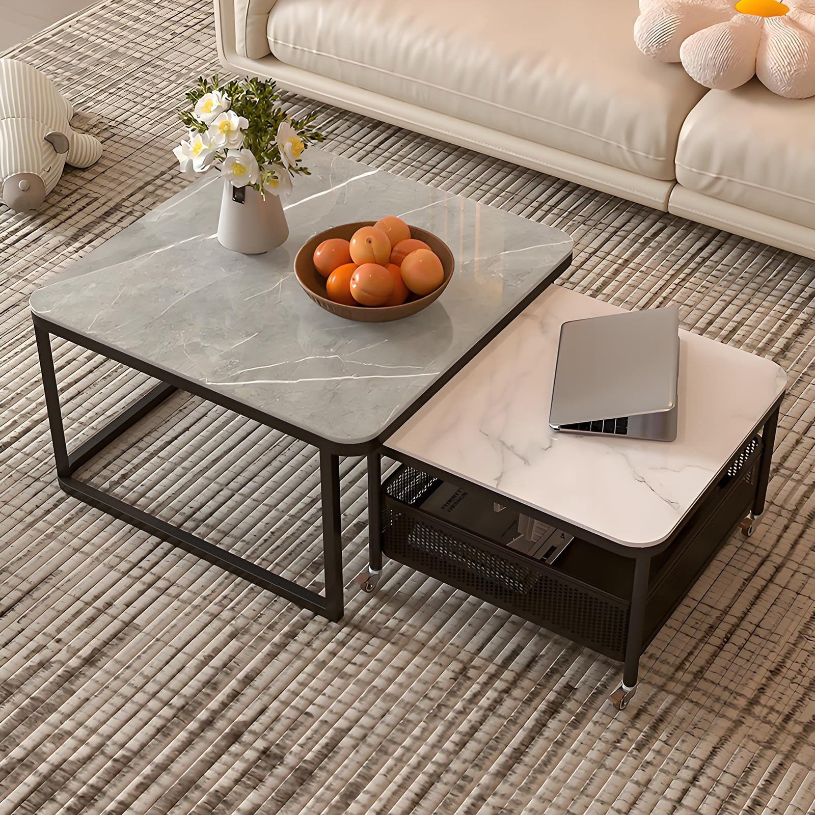 Set di 2 tavolini da caffè con contenitore, design a incastro, piano in pietra e struttura in acciaio, tavolini moderni per soggiorno, camera da letto, ufficio