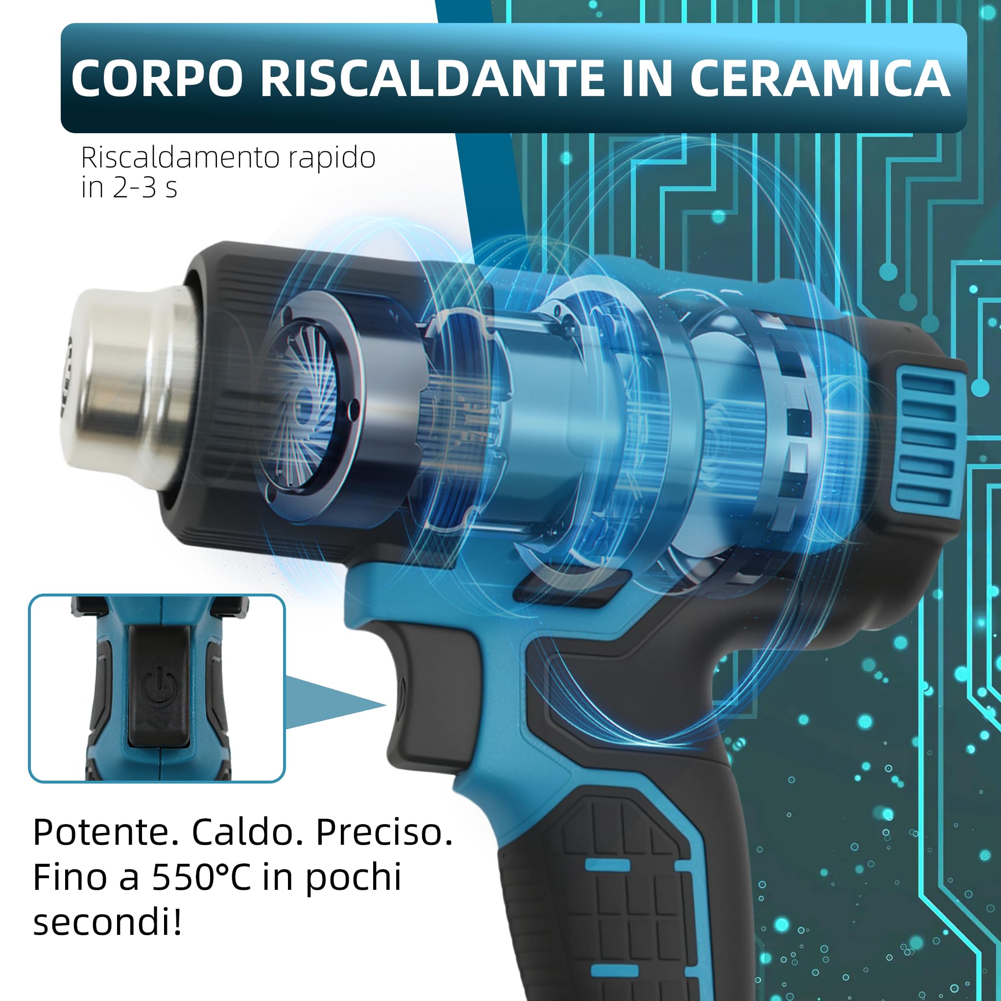Pistola ad aria calda senza fili 350 W – Compatibile con batteria Makita 18 V 86-1022℉ soffiatore ad aria calda per fai da te, con 3 ugelli e raschietto, senza batteria