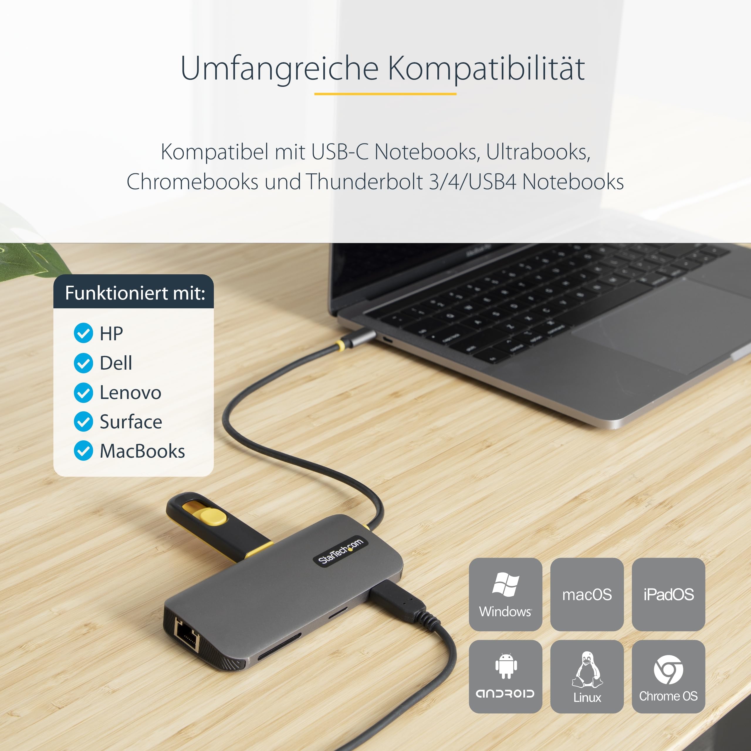 StarTech 8-in-1 USB-C Dock, 4K HDMI, USB 5Gbit/s, GbE, SD, 100W, 30cm | USB-C Multiport Adapter, Mini Dock, 3-Port USB-A Hub, MicroSD, Reiseadapter, Thunderbolt 3, HDR10, DP 1.4