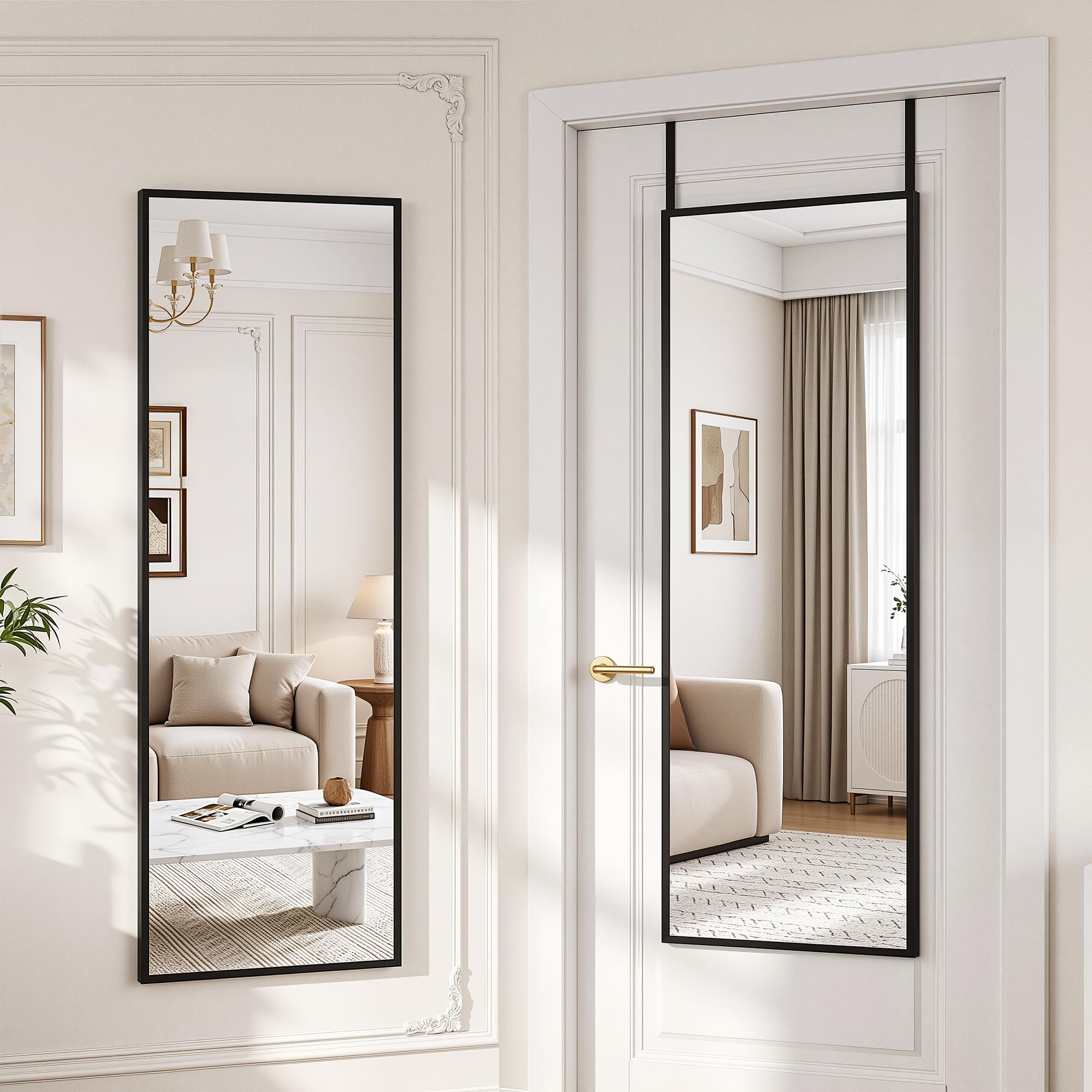 Suidia Full Length Mirror Over the Door&amp;Wall Mounted, 48"x14" Door Mirror with Aluminum Alloy Frame, HD Shatterproof, No-Drill, Hanging Mirrors for Bedroom, Bathroom, Dorm, Closet, Rect, Black