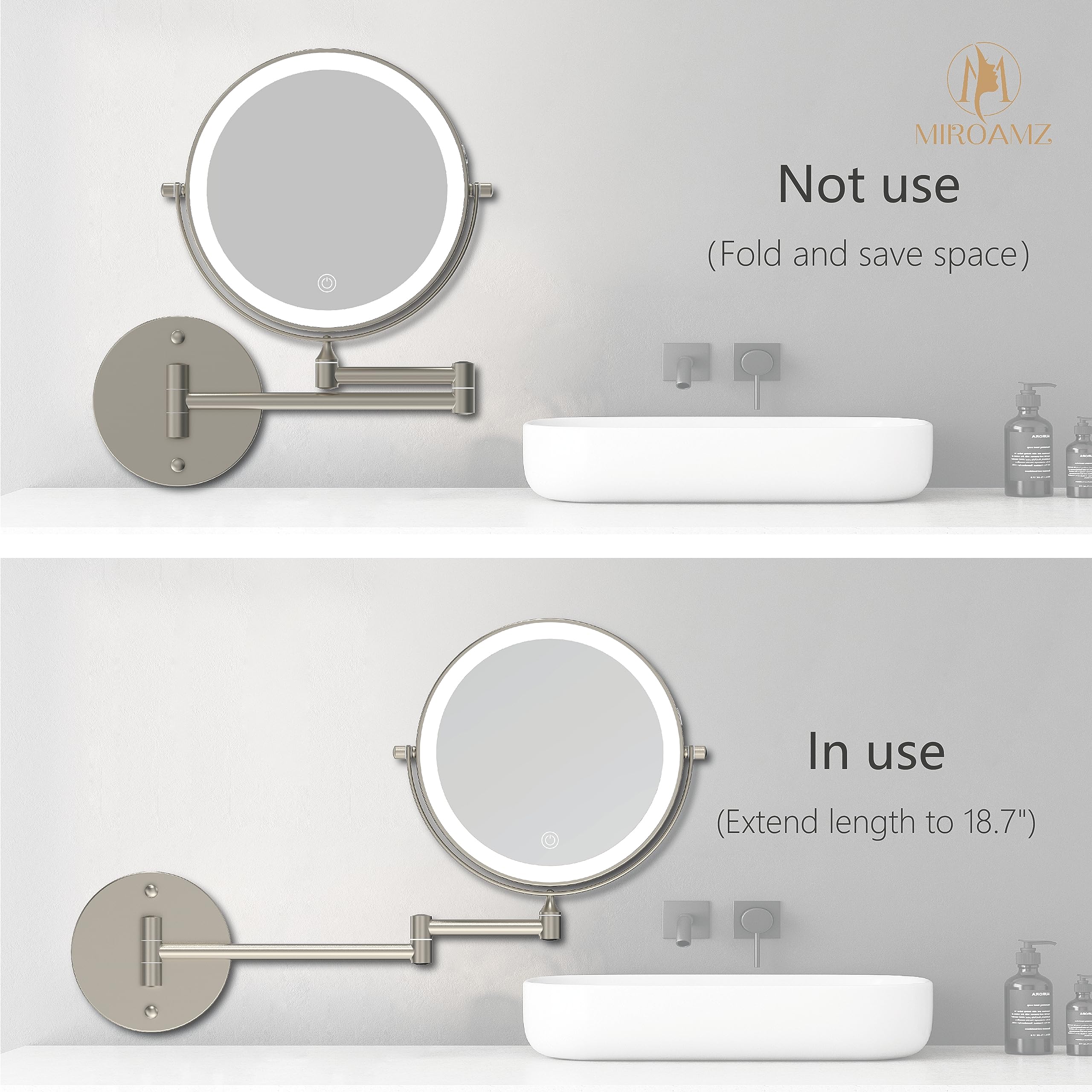 Espejo de cambiador de maquillaje recargable iluminado montado en la pared, 8 pulgadas, doble cara, 1 espejo de baño de 10 aumentos, iluminación de 3 colores, visualización táctil, rotación