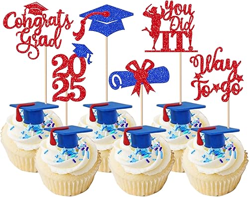 Miniatura 414 de Paquete de 24 adornos dorados para cupcakes de graduación 2025 con purpurina So Proud of You Done Diploma Graduation Cap Cupcake Picks Class of 2025
