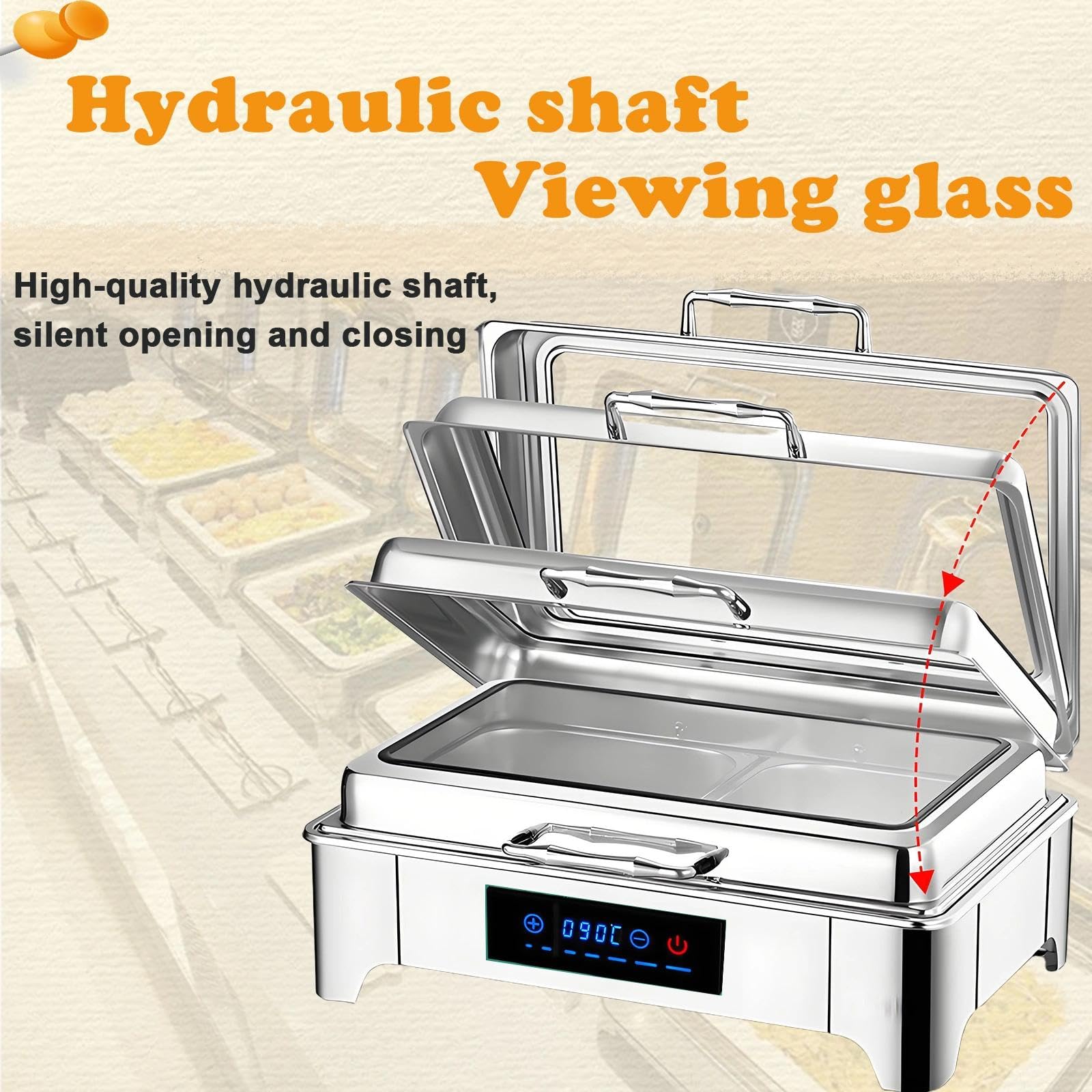Chafing Dish Eléctrico 9L, Calentador de Buffet Electrico con Toque Inteligente, Acero Inoxidable Calentador de Comida con Tapa Visible para Fiesta, Temperatura Regulable 0-90℃(1/2)