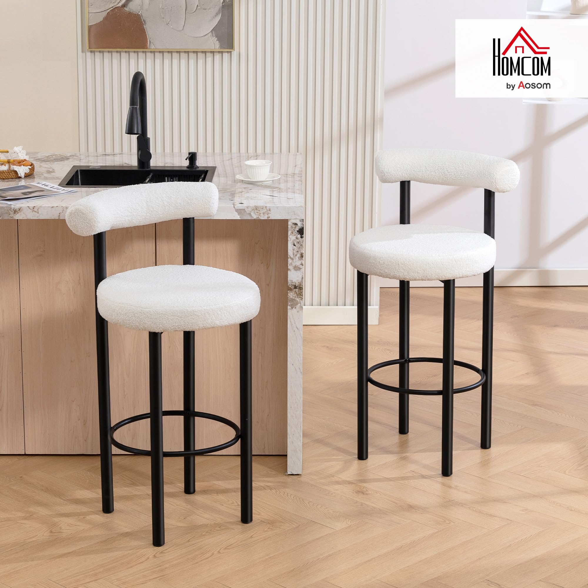 HOMCOM Lot de 2 Tabourets de Bar Tissu Bouclette 50 x 52,5 x 98 cm Blanc