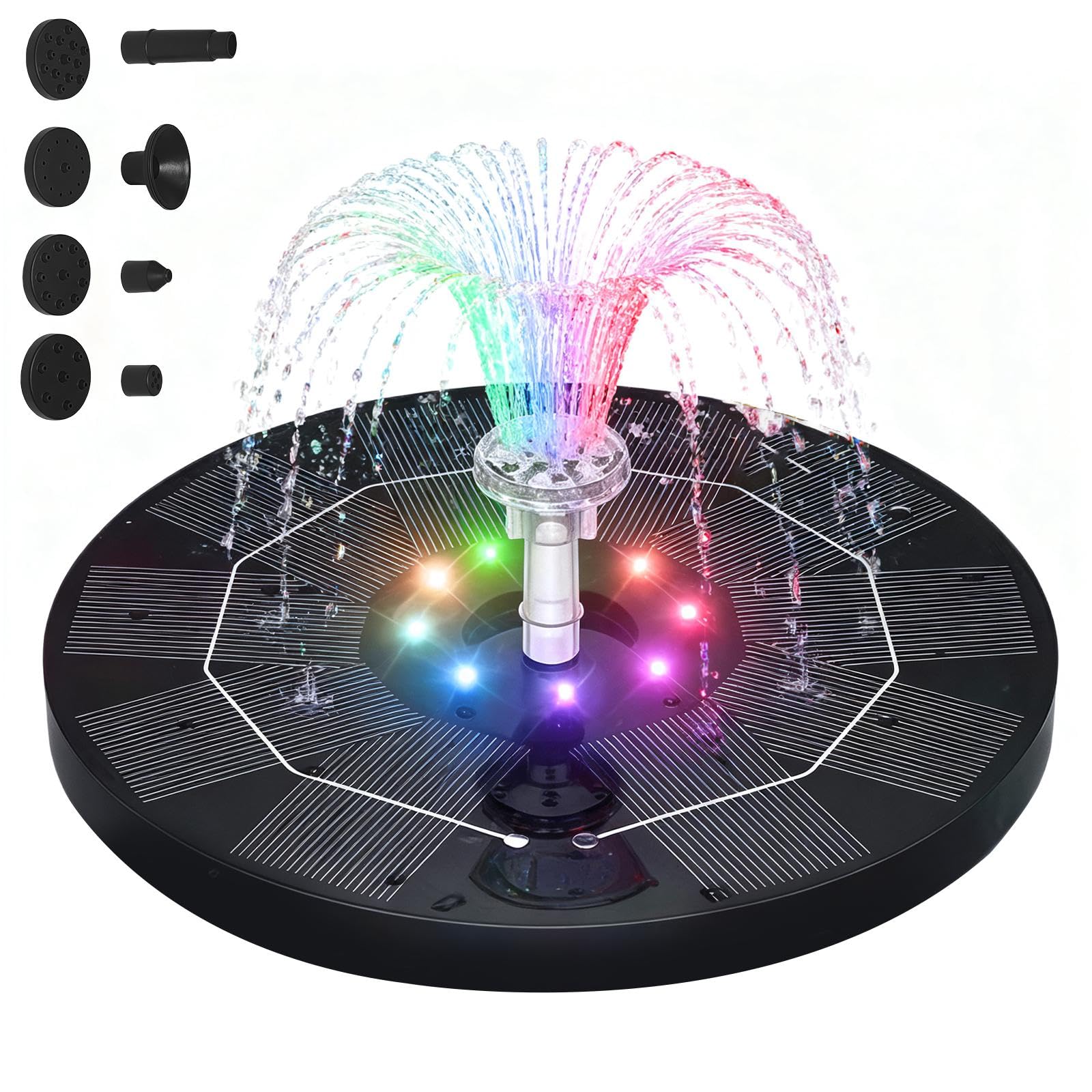 Fontana solare da 3,5 W, per esterni, a LED, rotonda, con 6 ugelli, fontana solare colorata integrata da 3000 mAh, pompa per fontana galleggiante a energia solare, per il bagno degli uccelli, gioco
