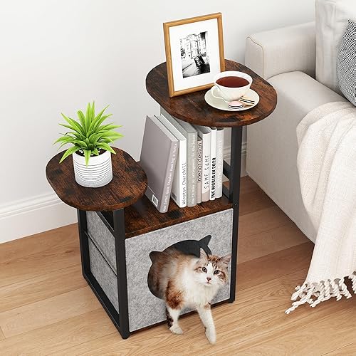 Mesa auxiliar, mesa de cama para gatos, mesita de noche pequeña con condominio extraíble para gatos, mesa auxiliar abatible con estantes de