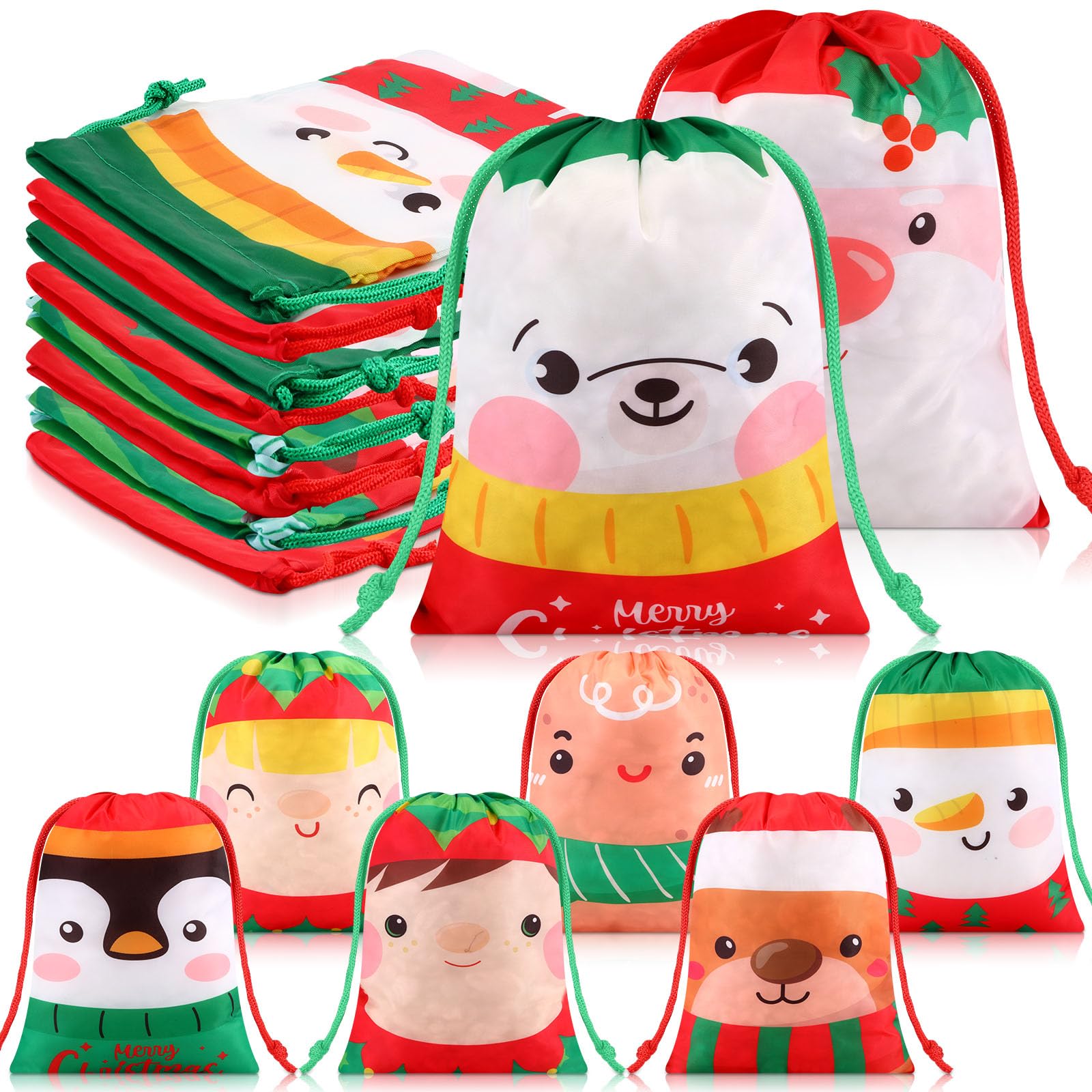 Xuniea 24 bolsas de regalo de Navidad con cordón, reutilizables, bolsas de regalo de Navidad, bolsas surtidas de regalos de Navidad para Navidad, Año Nuevo, fiesta de cumpleaños (estilo de dibujos