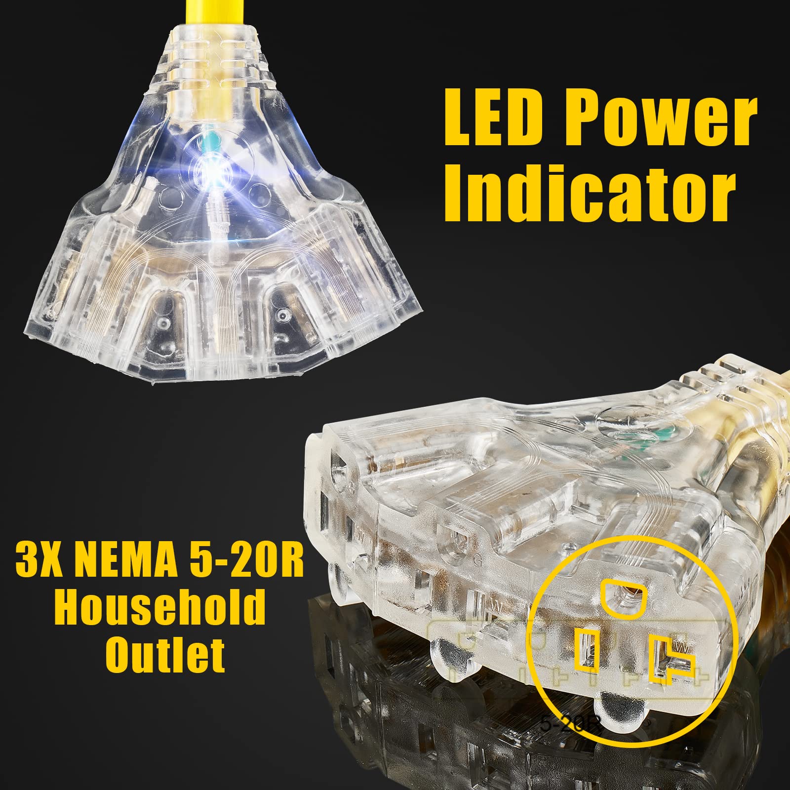 30 Amp to 110V RV Distribution Adapter Cord, NEMA TT-30P Male to 3X 5-15R/5-20R T-Blade Household Outlet Female with LED Power Indicator