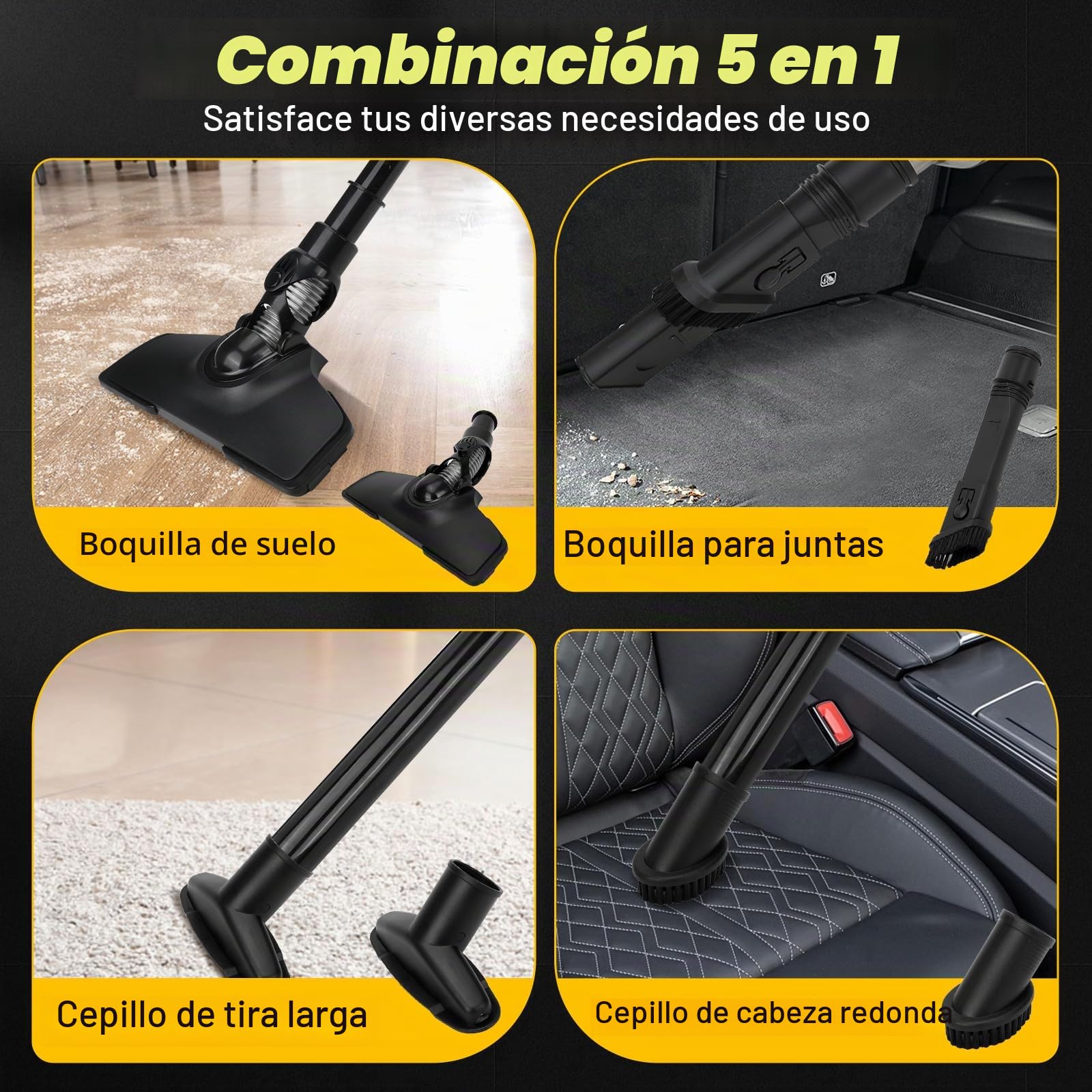 Aspiradora de mano inalámbrica compatible con batería Dewalt de 20 V, aspiradora portátil de 10000 Pa con 4 boquillas, contenedor de polvo de 0,75 L, luz LED, para el hogar y el coche (sin batería)