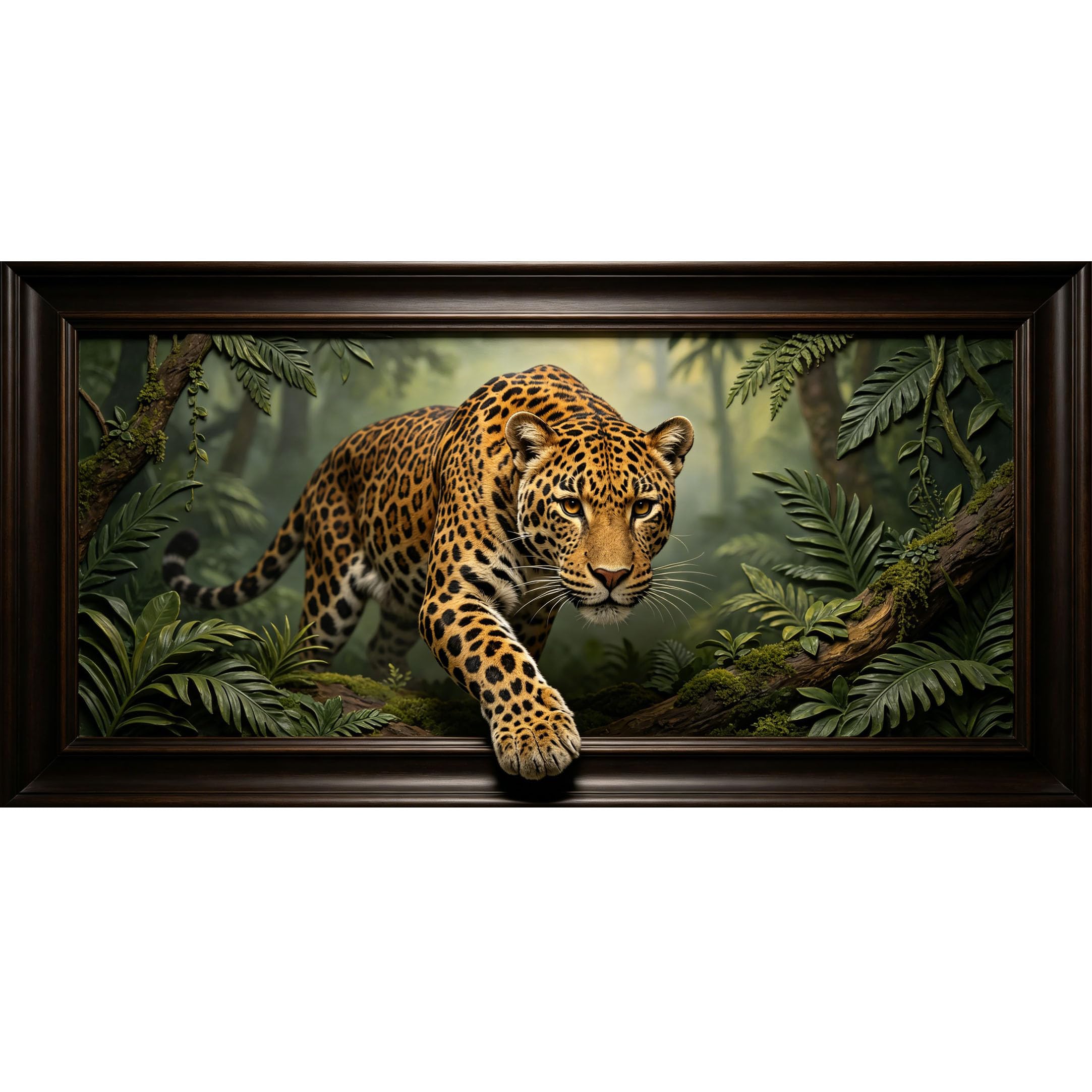 Agglomerix 3D Framed Wall Art Leopard in Rainforest Jungle Tropical Wildlife Botanical Textured Effect Large Size Self-Adhesive Removable Wall Decor Prints Artwork for Living Room Bedroom Office