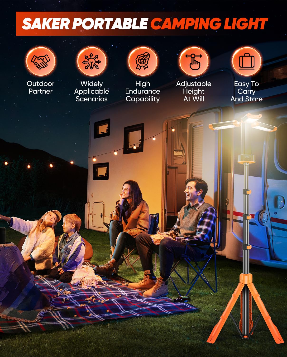 Saker Tragbare Campingleuchte mit Ständer, 185,4 cm, 20000 mAh, wiederaufladbar, LED-Arbeitsleuchten, 800/3200 Lumen, 4000/6500 K, mit abnehmbarem Stativ für Camping, Arbeiten im Freien, Stromausfälle