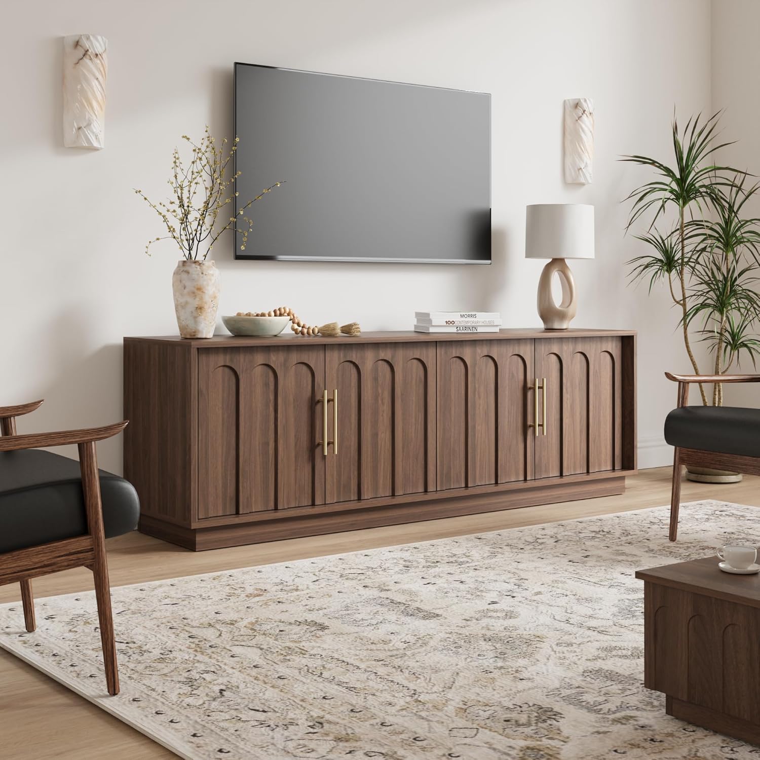 TV Stand for 75 Inch TV, Mid Century Modern TV Stand with Arched Design, Wood Grain Finish, Media Console with Adjustable Shelves, 67" Entertainment Center for Living Room Bedroom, Walnut