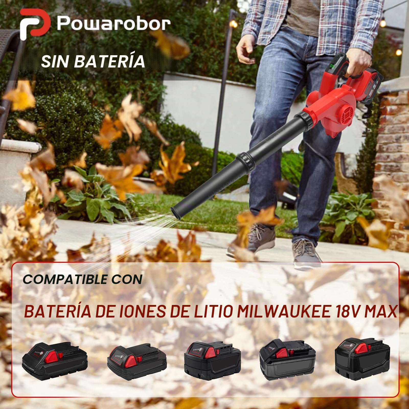 Soplador de Hojas inalámbrico Compatible con baterías Milwaukee de 18 V, soplador eléctrico Adecuado para el Cuidado del césped del jardín, eliminación de Polvo, Limpieza de Hojas en(sin batería)