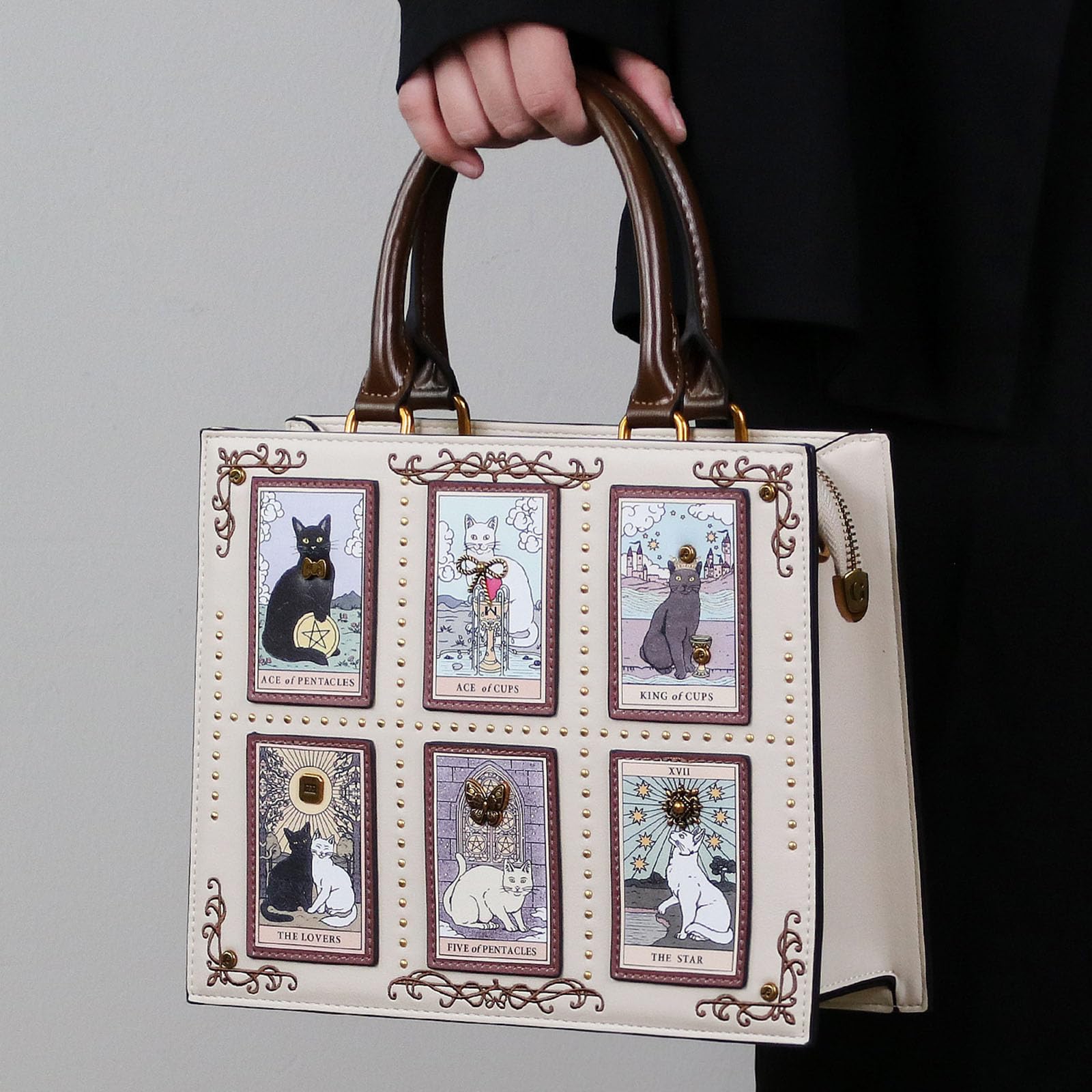 Borsa a mano con ricamo a forma di gatto, con tracolla regolabile e tasche multiple, in poliuretano, borsa a tracolla da donna, per uso quotidiano da donna, borsa a tracolla regolabile, ricamata