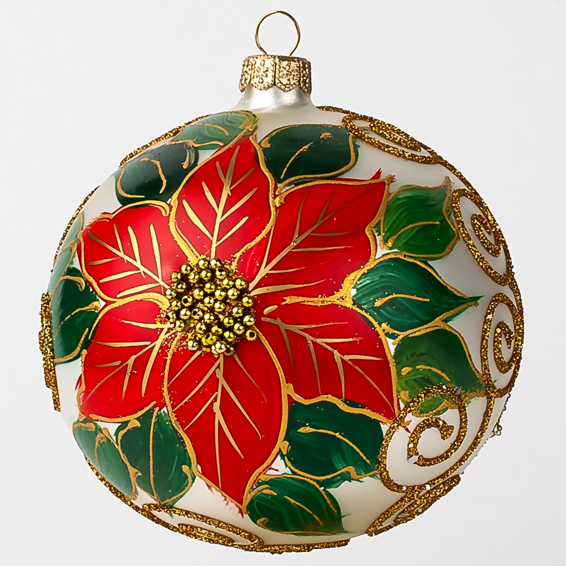 Silver Christmas Ornament Ball Polish Blown Glass Medium Bauble 5 inch/120mm Hand Painted Poinsettia Flowers