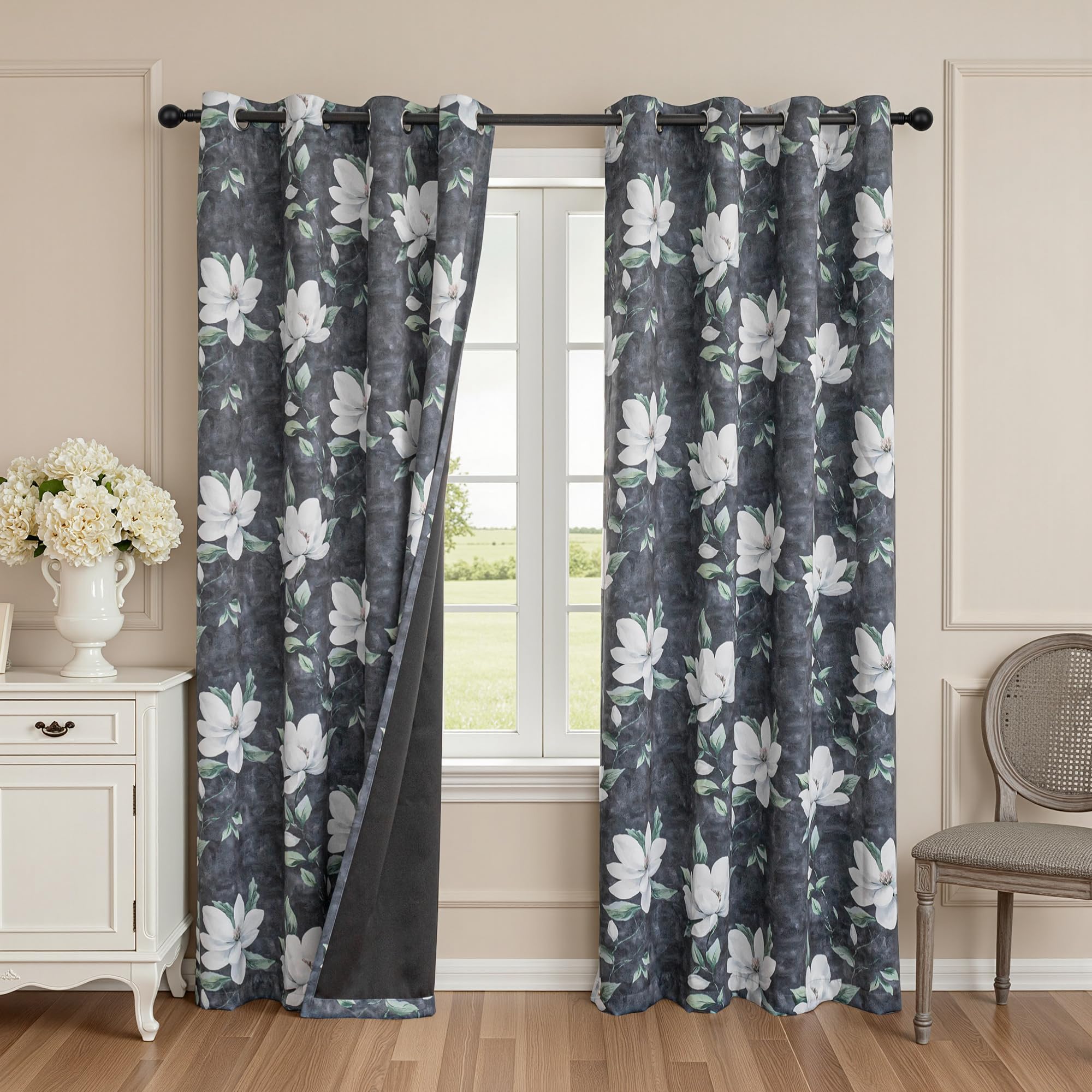 MYSKY HOME Floral 95% Blackout Curtains 84 Inch Length 2 Panels Deep Grey