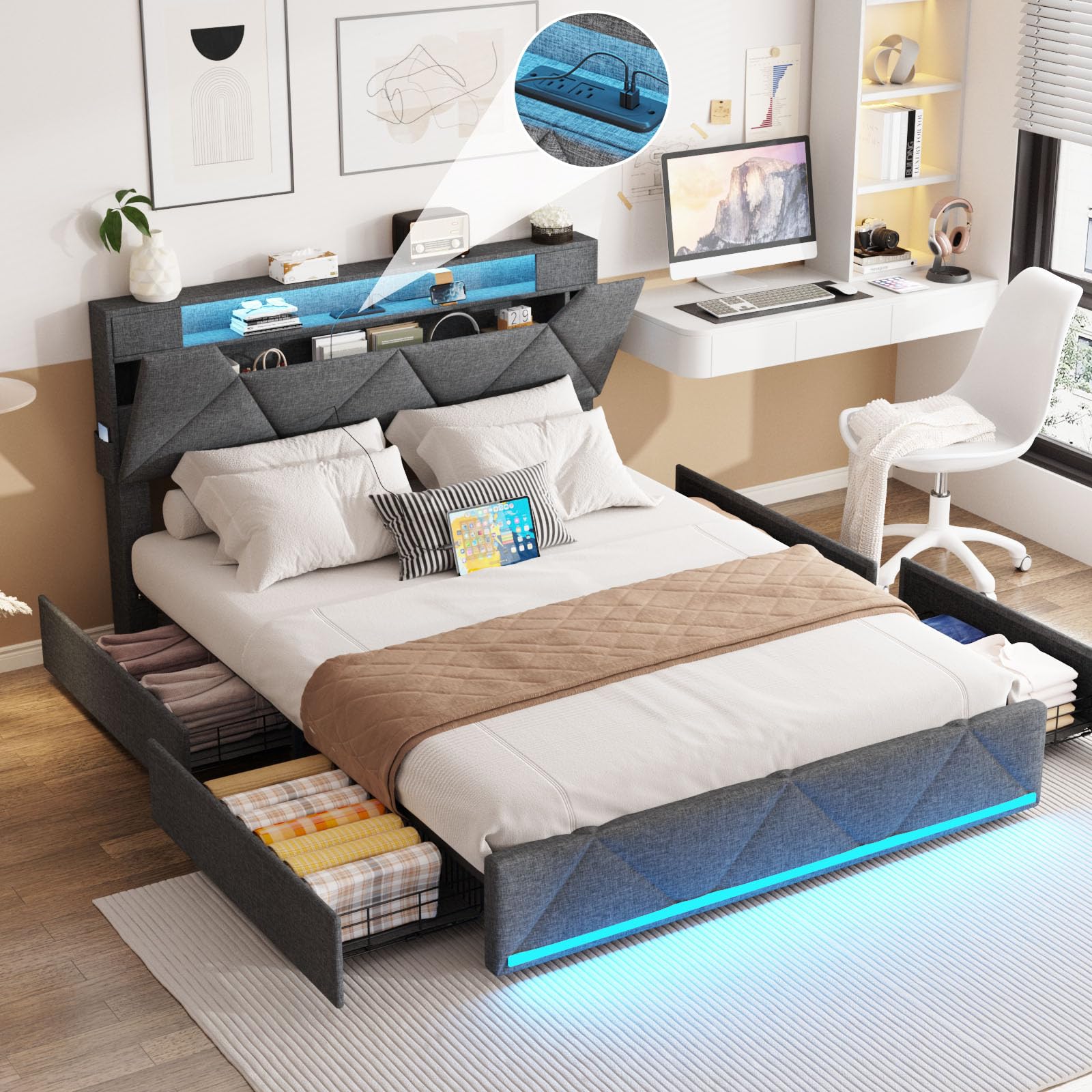 Vabches Full Size Bed Frame with Storage Headboard and 4 Drawers,Upholstered Platform with Charging Station and Led Lights,Adjustable Headboard,No Box