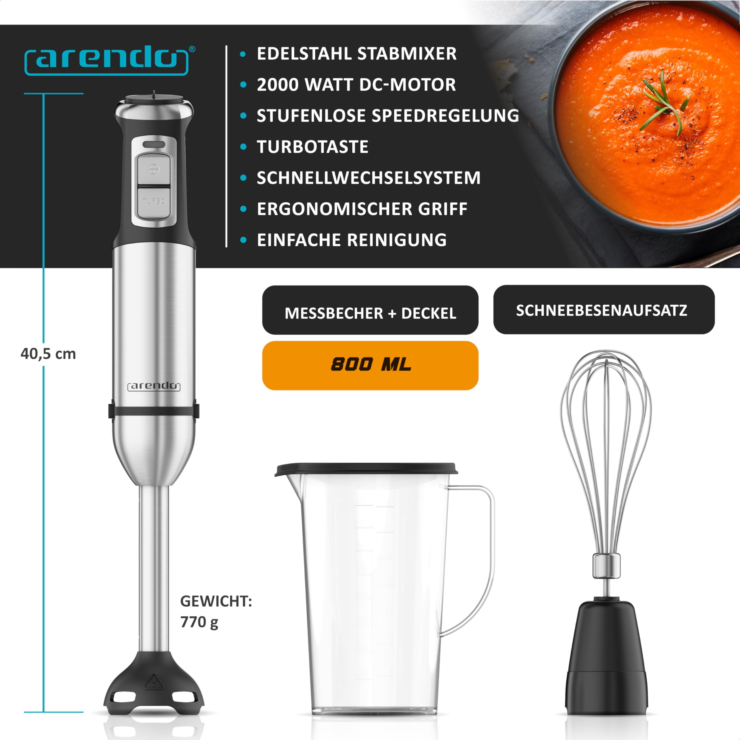 Arendo - Edelstahl Stabmixer 2000 Watt - Handmixer Set - Pürierstab - stufenlose Geschwindigkeit - Turbotaste – Mixfuß mit Edelstahlmesser - Schneebesen – BPA-frei