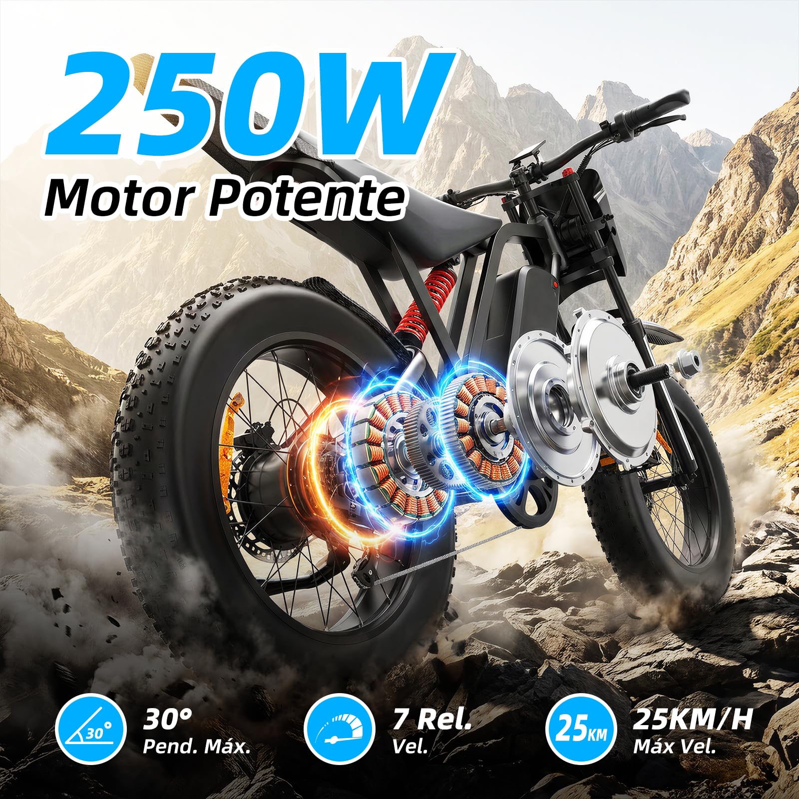 R700 Bicicletta Elettrica da Trekking per Donna Uomo, 20 x 4" Grassi Pneumatici Ebike Con 52V 25Ah Batteria Rimovibile, Motore da 250 W, 80KM Autonomia, con Cambio a 7 Marce, per Adulti