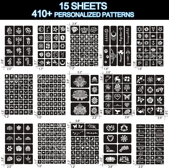 Temporary Tattoo Stencils 15 Sheets 410+ Pieces Glitter Tattoo with Makeup Stencils for Kids and Adults Halloween Party