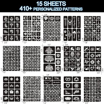 Temporary Tattoo Stencils 15 Sheets 410+ Pieces Glitter Tattoo with Makeup Stencils for Kids and Adults Halloween Party
