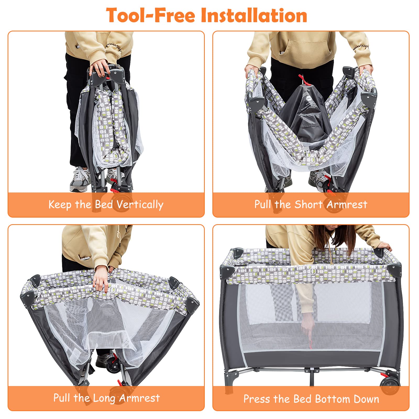 LIFEZEAL Lit Parapluie Bebe avec Matelas et Moustiquaire, Lit Bébé Pliable 0-36 Mois avec Table à Langer en Tissu Oxford, Charge de 15+10+10 KG, Noir