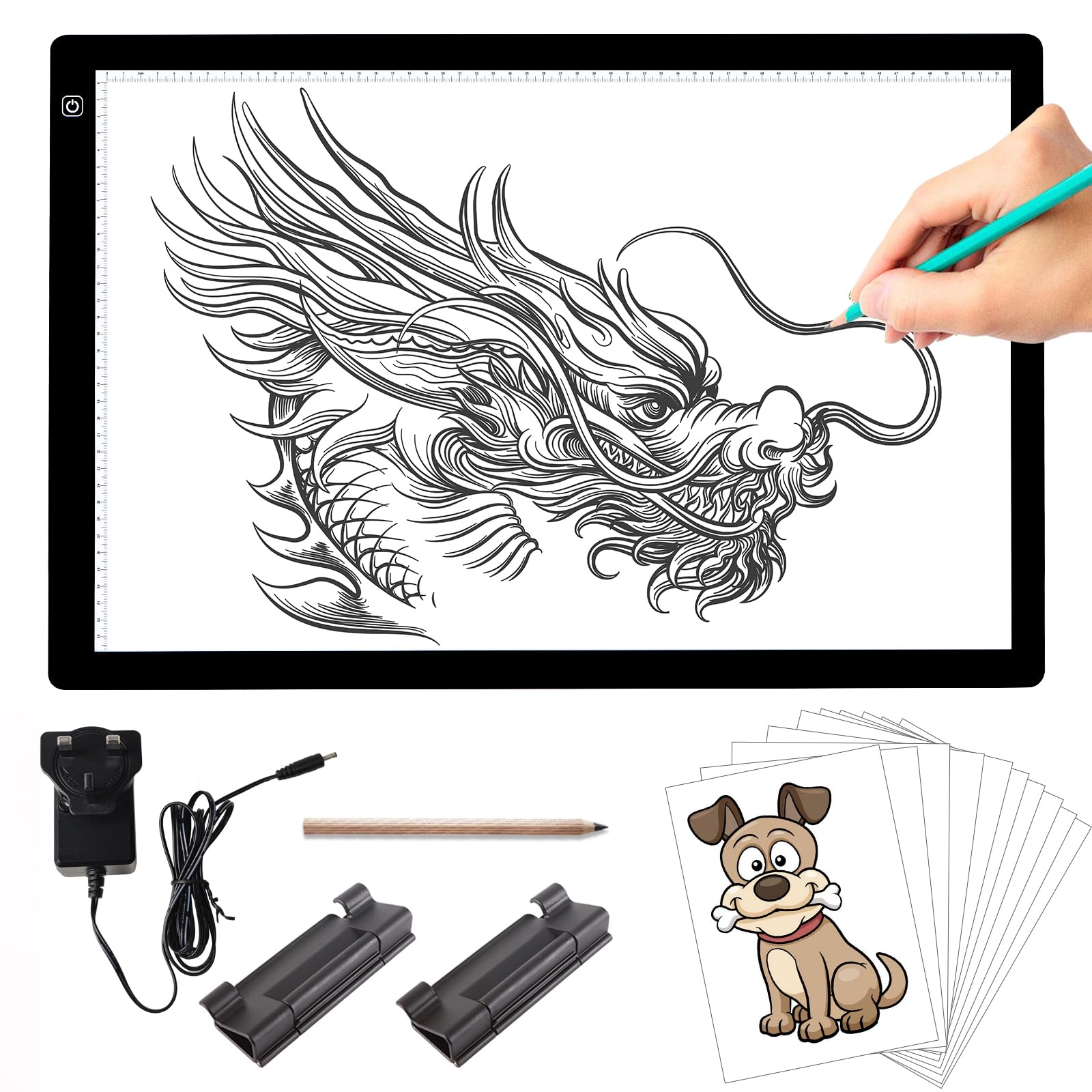 TOHETO A2 Artist Tracing Light Pad with 2 Clips, 12V2A Adapter Power Stepless Dimmable Brightness Large Artcraft Light Box Copy Board for Diamond Painting Weeding Vinyl Tattoo Drawing (23.7''x15.8'')