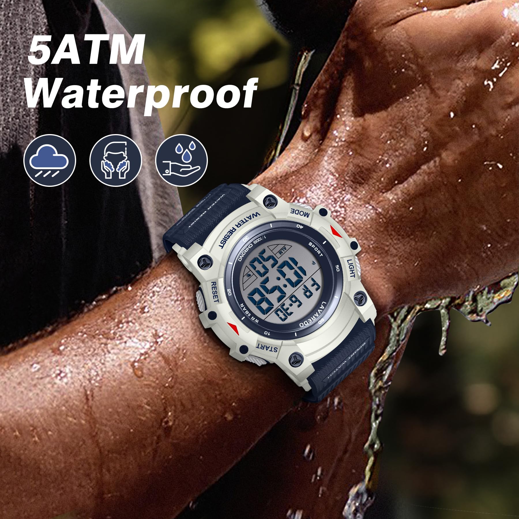 Reloj digital para hombre, deportivo, resistente al agua, para hombre, con retroiluminación LED, alarma, cronómetro, cronómetro, cronógrafo digital, fecha militar, Azul marino 5