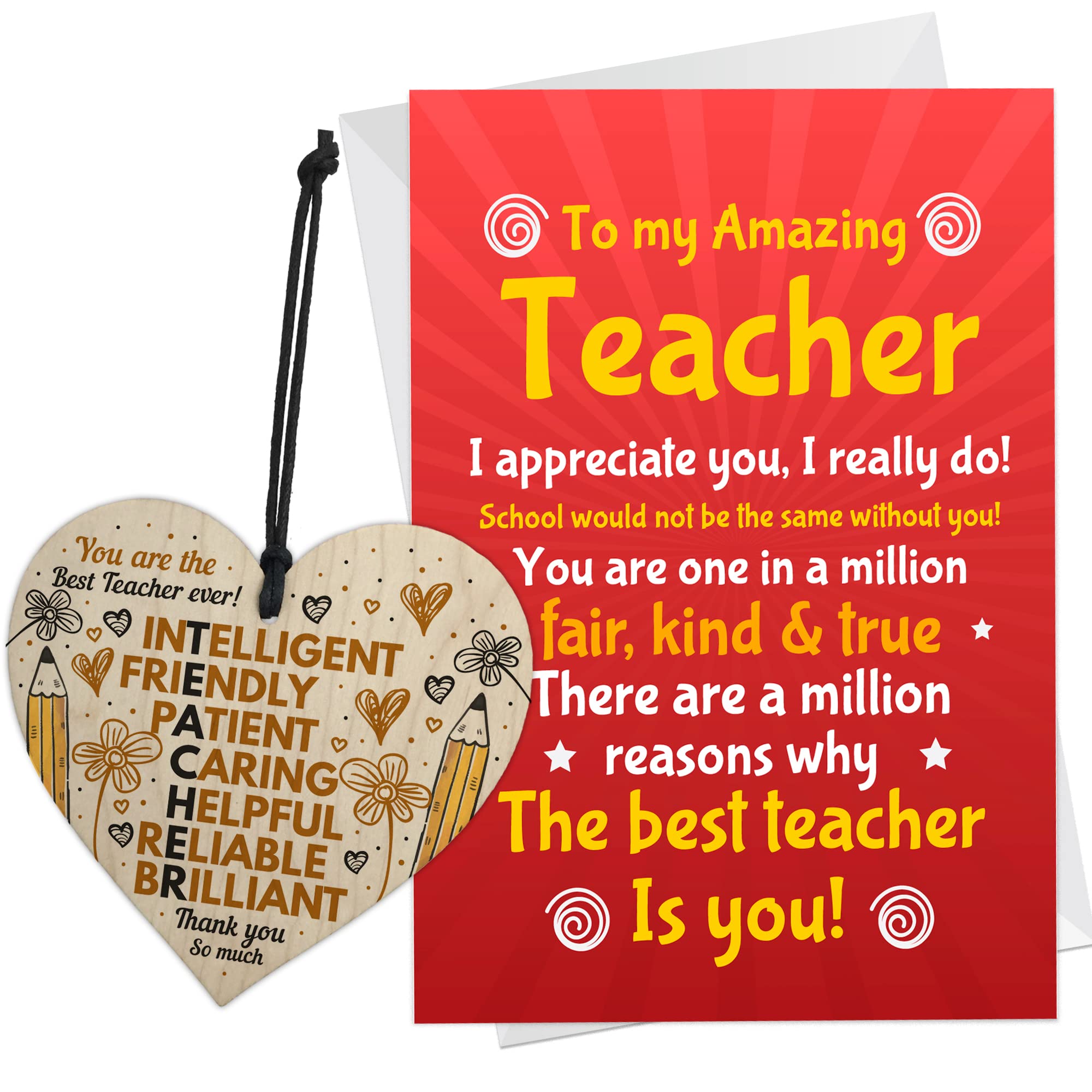 RED OCEAN Gift For Amazing Teacher TEACHER PLAQUE Wood Heart And Card Thank You Gift For Teacher From Student Child