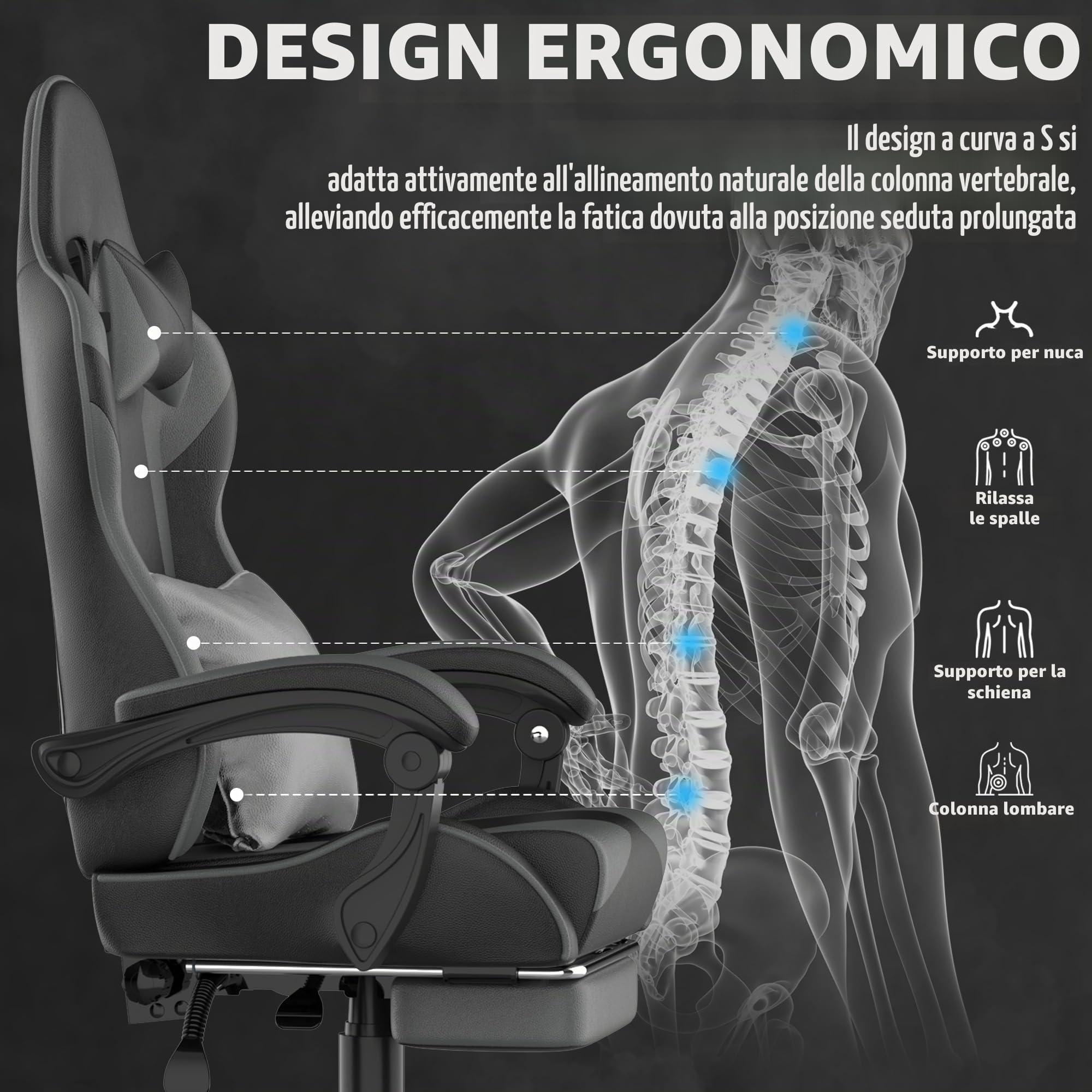 Soontrans Sedia Gaming, Sedia da Gaming Ergonomica con Tappetino per il Mouse, Poggiatesta, Poggiapiedi, Pelle Sintetica, Regolabile in Altezza, Braccioli Imbottiti, Portata 115kg (Nero e grigio)
