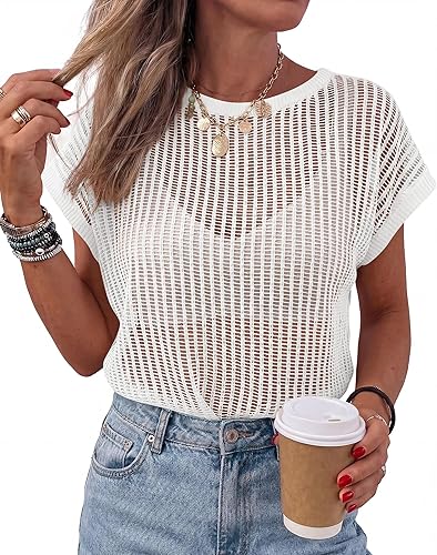 KIRUNDO Beach Cover Ups for Women 2026 Crochet Mesh Top Boho Lightweight Summer Sweater Cruise Resort Wear Vacation Outfits