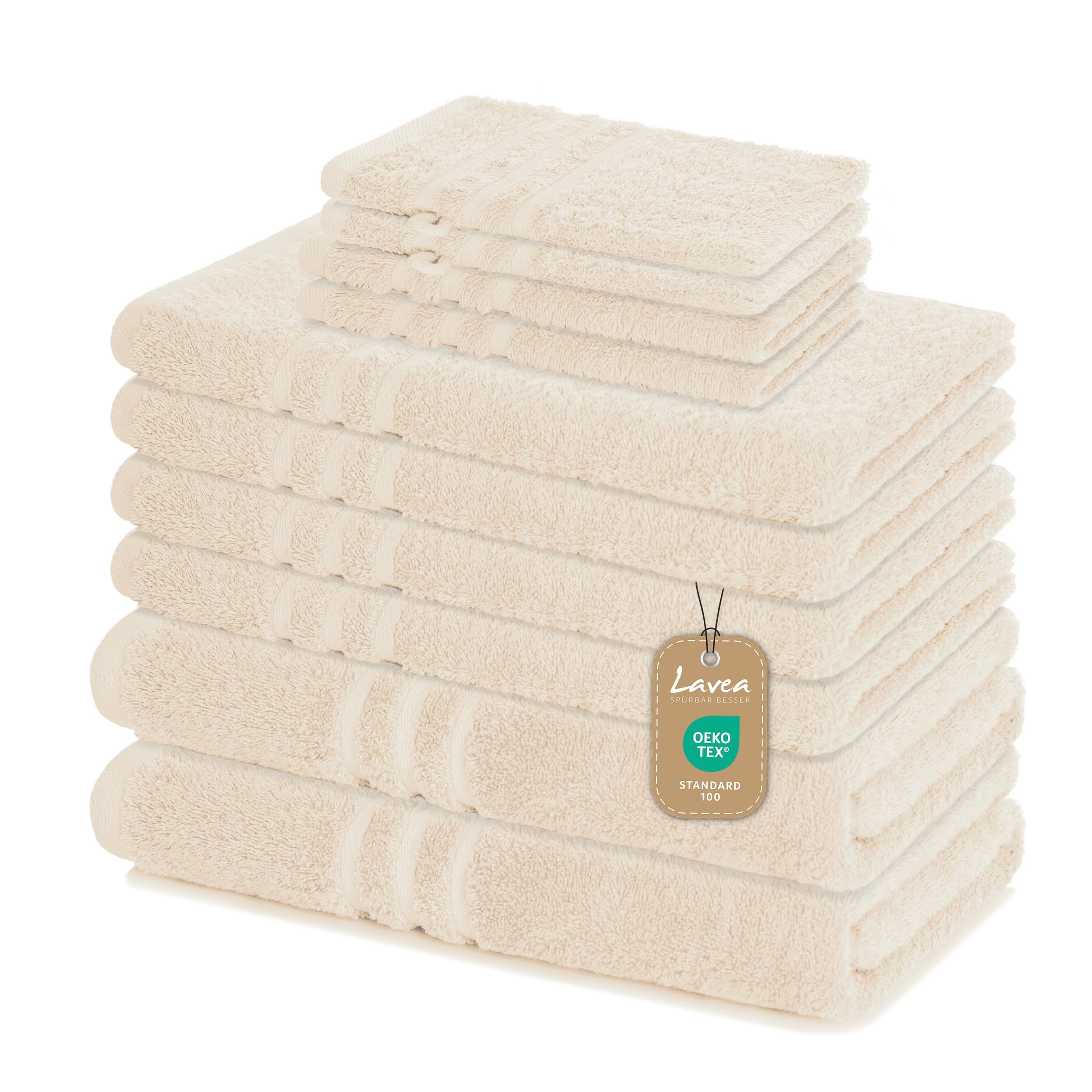 Lavea® Zestaw Ręczników 10 szt – 100% Bawełna Frotte, 4 Ręczniki 50x100, 2 Kąpielowe 70x140, 2 Gościnne, 2 Rękawice – Kremowy