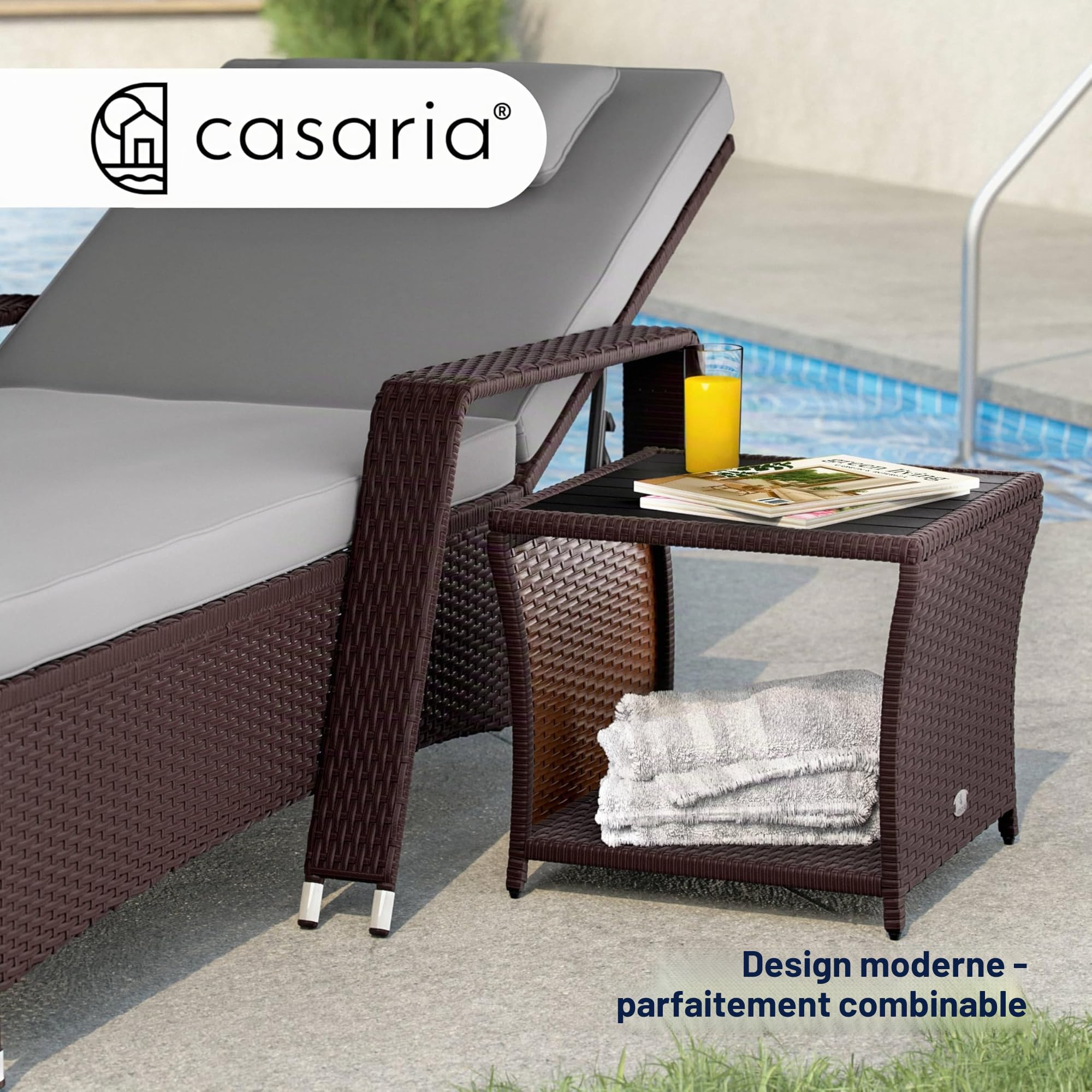 Casaria Table d'appoint en polyrotin Brun Plateau WPC 45x45x40cm réglable en Hauteur Jardin Balcon