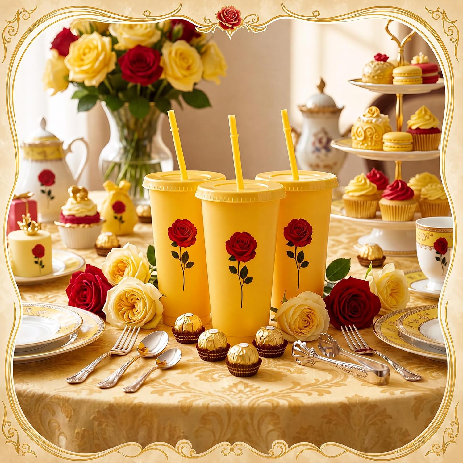 Qinyoung 10 Pcs 24 oz Princess Tumblers with Straws and Lids Rose Reusable Yellow Plastic Drinking Cups for Adults Bridal Party Supplies Shower Wedding Favors