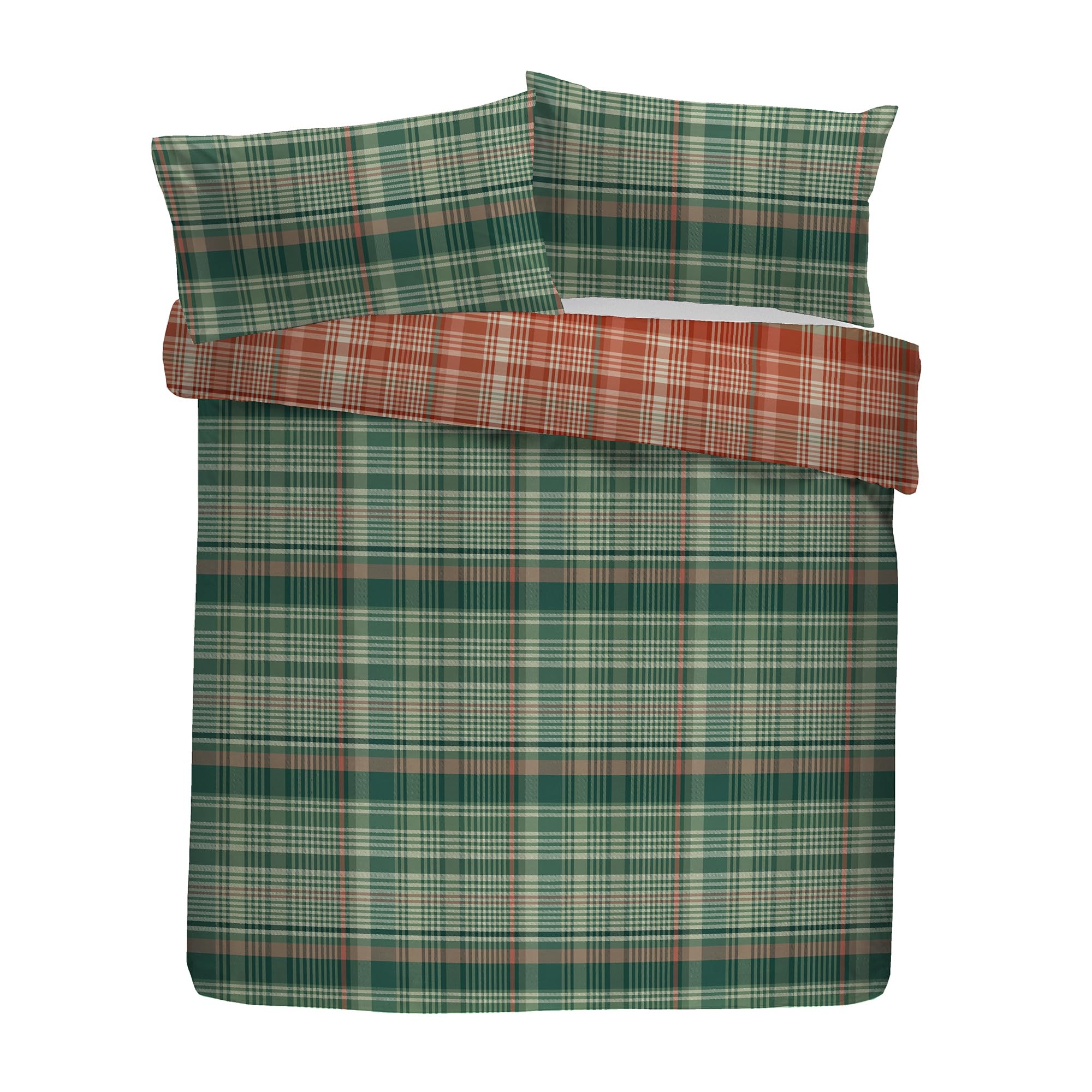 Dreams & Drapes Lodge Bennet Check Duvet Cover Set, 100% Brushed Cotton, King Size 230x220cm, Green, Traditional Check Pattern, 2 Pillowcases