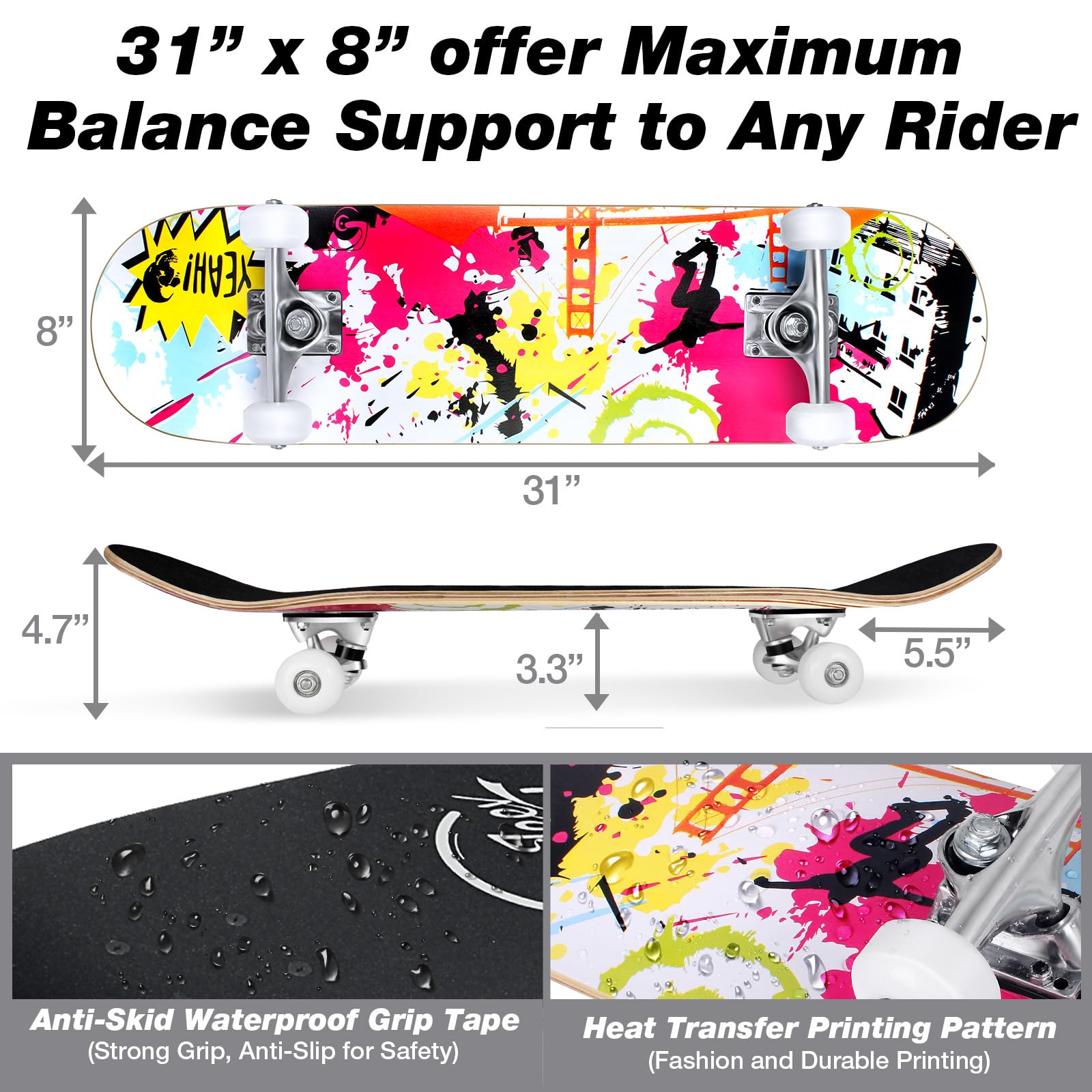 GIEEU Skateboards met Kleurrijke Flitsende Wielen voor Beginners, Kinderen, Tieners, Volwassenen, 31 x 8 Inch Compleet Standaard Skateboards 9-laags Canadees Esdoorn Deck Concave Skateboard (Vuur
