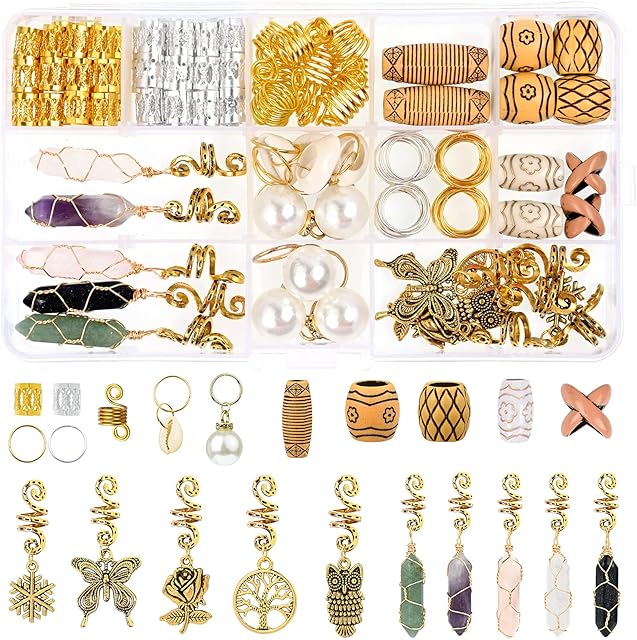 140PCS Dreadlock Jewelry Pendant Hair Jewelry for Braids Beads Hair Cuffs and Rings Jewelry Decoration for Women Crystal Ancient Gold Metal Pendant Wooden Beads Braid Accessories