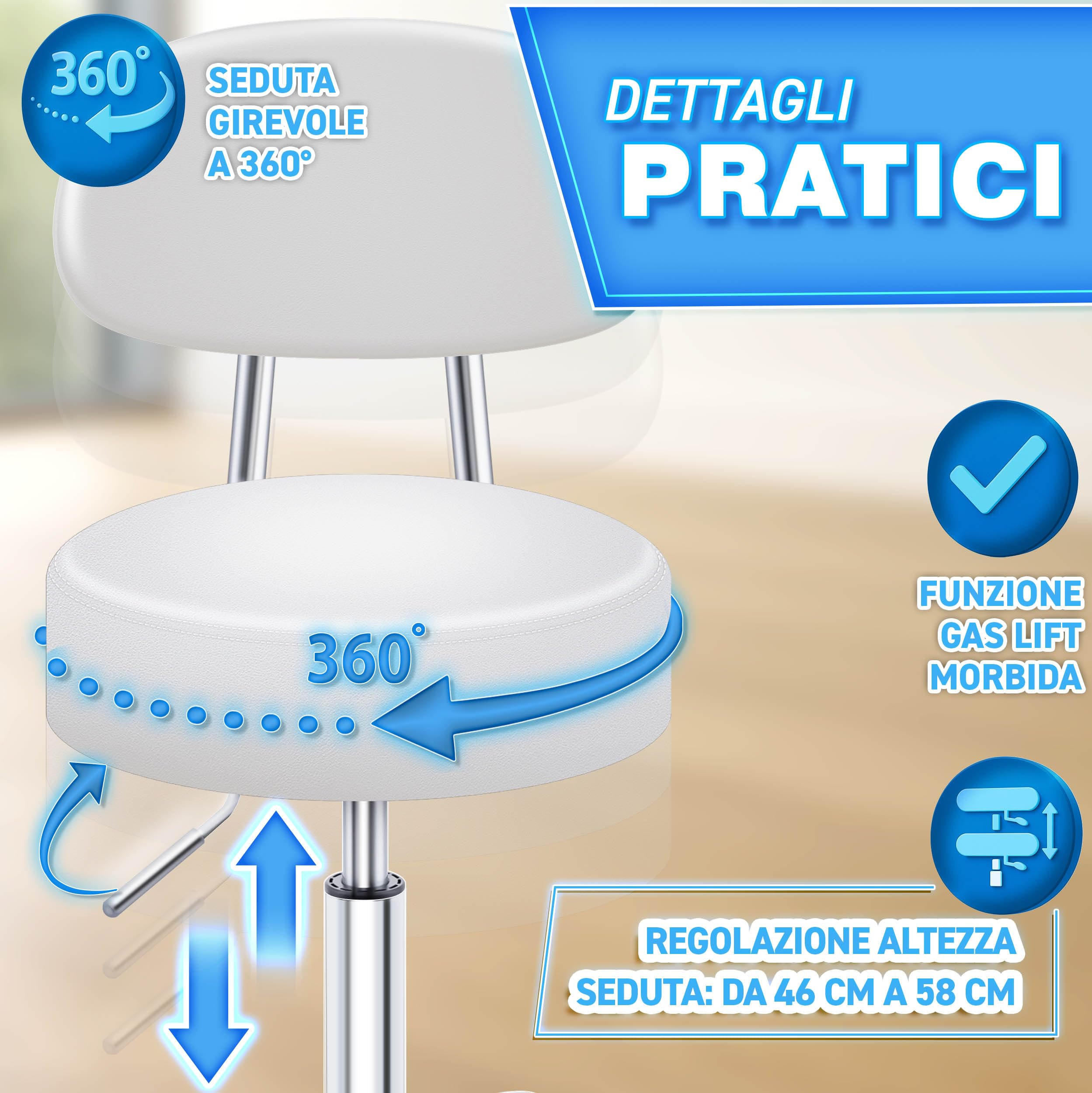 TRESKO Sgabello a rotelle con schienale bianco, regolabile in altezza 46-58 cm, sgabello girevole con ruote, sedia da ufficio, sgabello girevole per cosmetici