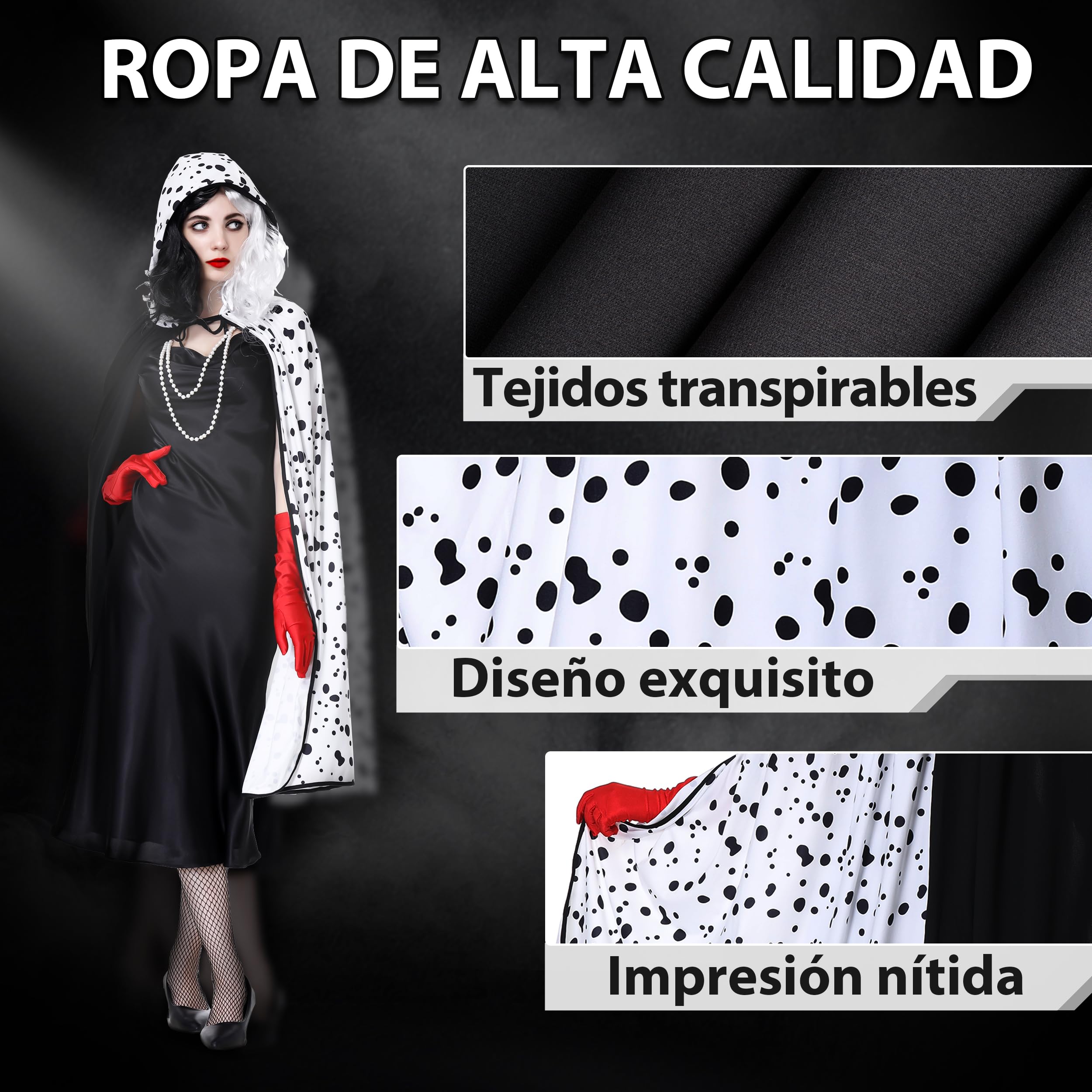 Charmofun 7 Piezas Disfraz Cruella Devil Mujer, Cruella de Vil Disfraz con Collar Peluca Guantes, Traje Halloween Mujer para Carnaval, Fiesta de Disfraces y Cosplay