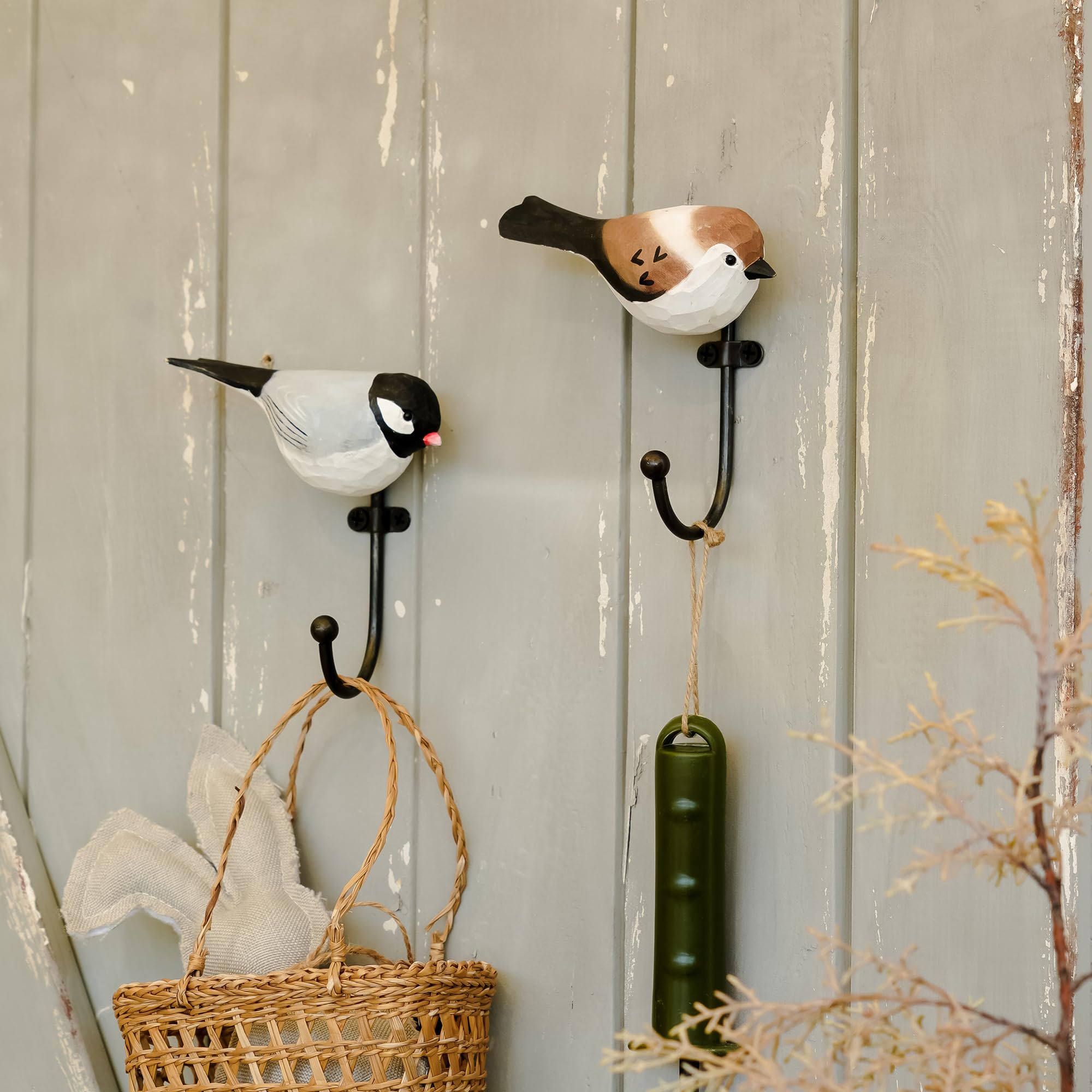 SOFFEE DESIGN 2 ganchos de madera con forma de pájaros 3D, ganchos de pared decorativos retro para entrada, dormitorio, casa de campo decoración del hogar