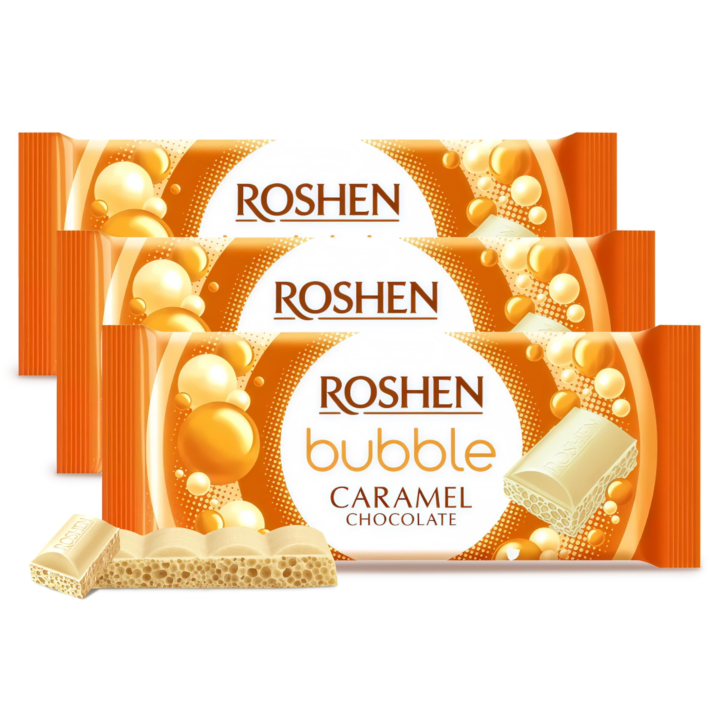 Aerated Bubble Chocolate Bar, White Chocolate with Rich Caramel Taste, 2.82 oz (Pack of 3) Light, Fluffy, Melt-in-Your-Mouth Experience, Kosher Dairy, Halal