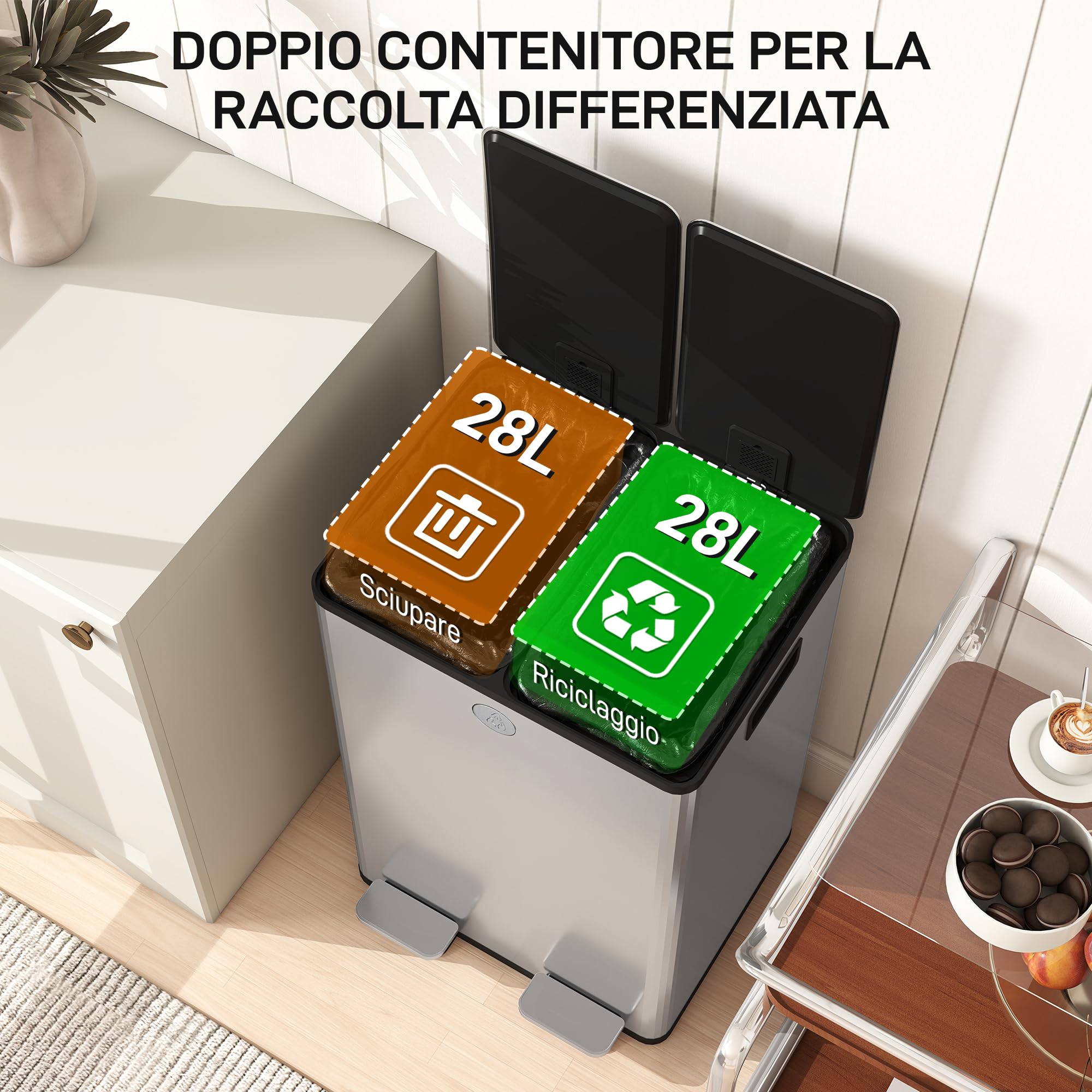 HOMCOM Pattumiera Differenziata 2 Scomparti 28L da Cucina a Pedale, Cestino Spazzatura con 2 Coperchi a Chiusura Silenziosa in Acciaio Inox e PP, 45.8x36x67.6 cm, Argento - 5