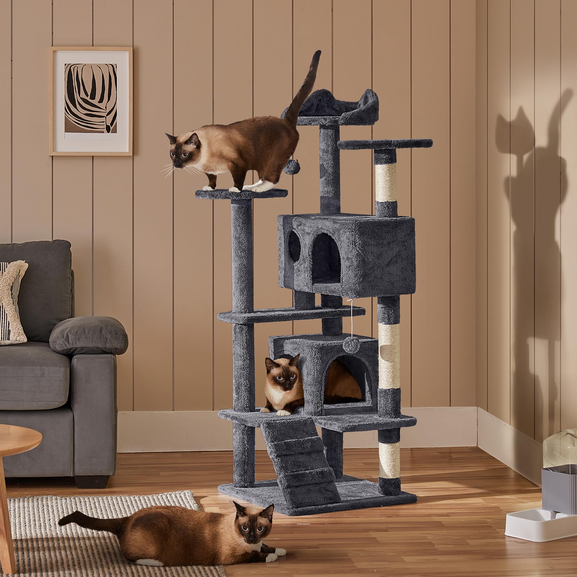 Yaheetech Albero Tiragraffi per Gatti 139 cm con 3 Pali Graffiatoi 3 Posatoi 2 Grotta 2 Pompon in Peluche a Più Livelli Giocattolo Gioco Grigio Scuro