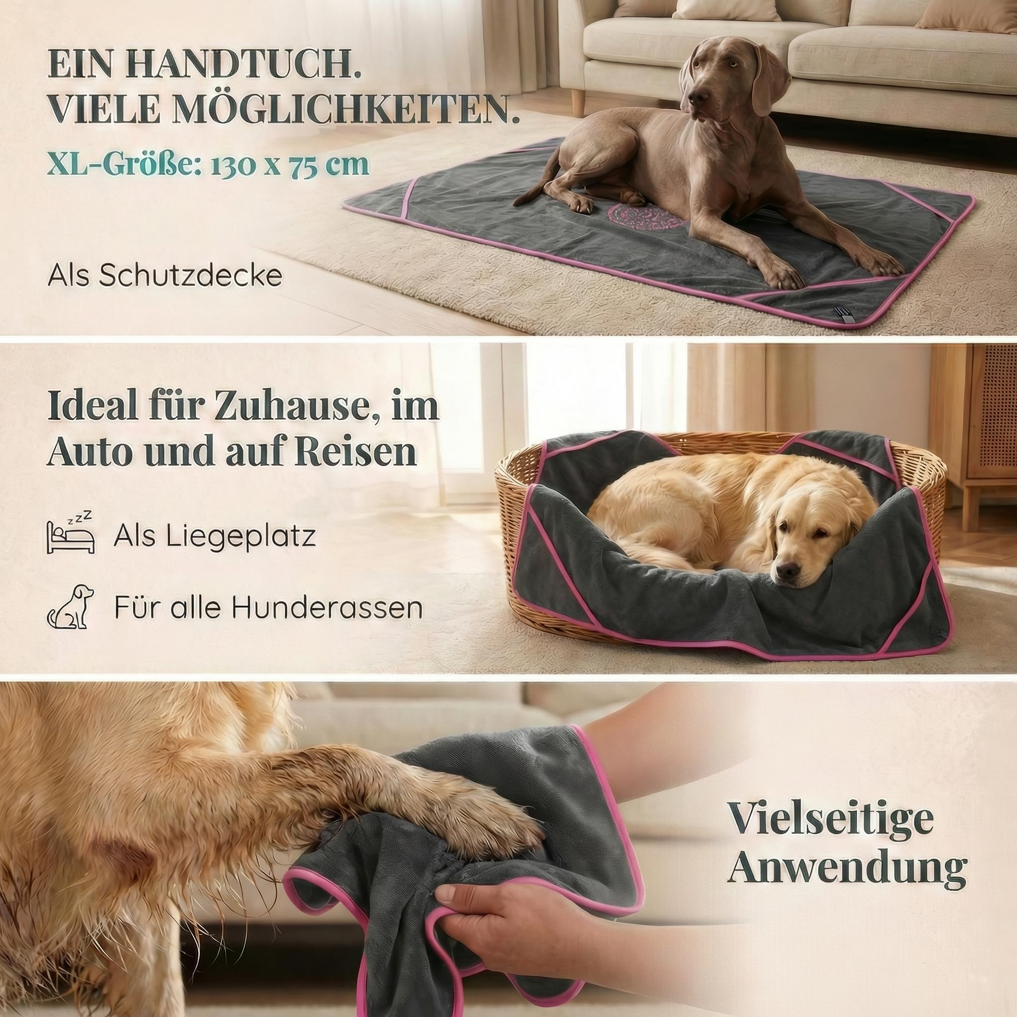 HUND IST KÖNIG Serviette pour Chien de qualité supérieure - Extra absorbante - Ultra Douce et Moelleuse - en Microfibre puissante - avec 4 Poches - Lavable à 60 °C - Séchage Rapide - 130 x 75 cm