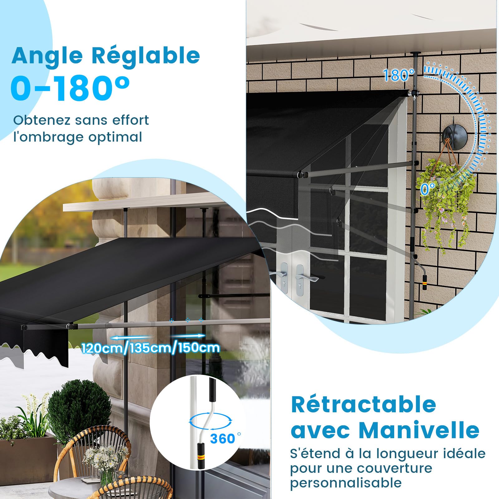 RELAX4LIFE Store Banne Manuel Rétractable avec Manivelle | Auvent Rétractable Résistant aux UV, Imperméable | Hauteur&Angle Réglable | Store Banne sans Percage pour Balcon, Terrasse (2,5x2,3 M,Noir)