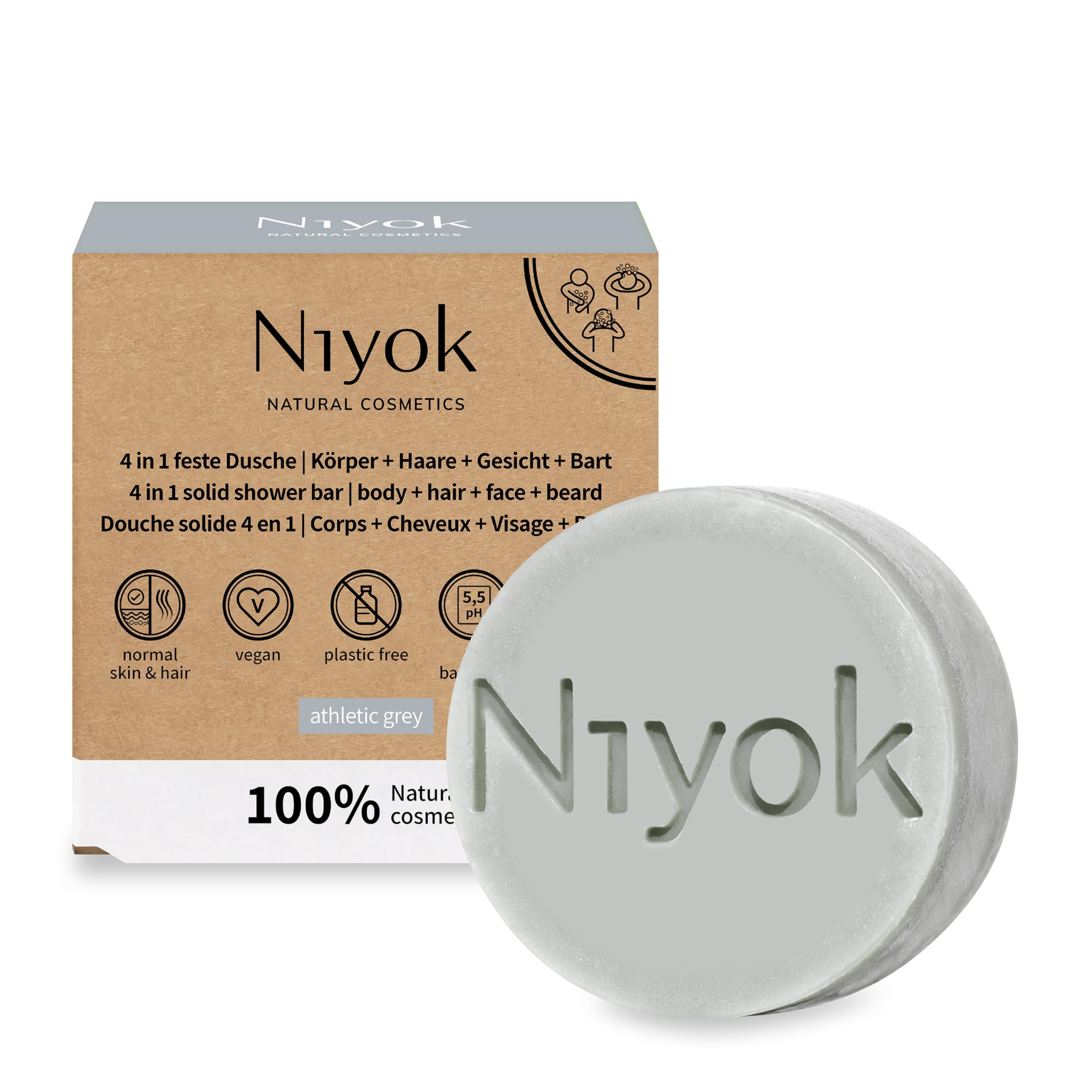 Niyok® Sta?y prysznic 4 w 1 "Athletic Grey" (80 g) myd?o do cia?a, w?osów, twarzy, brody, zrównowa?onej piel?gnacji cia?a All-in-One, mocne myd?o pod prysznic, mocny szampon, sta?e oczyszczanie
