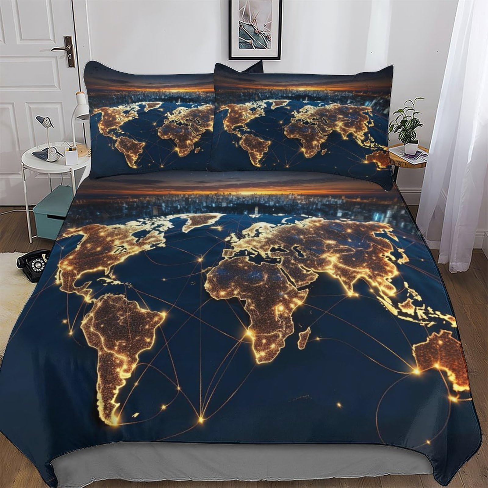 Llxxhh Boys World Map Bedding Set Duvet Cover With Pillowcase Soft Microfiber 3D Quilt Cover 3 Pieces For Girls And Teenagers Double (200X200cm)
