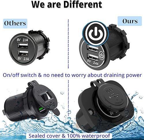 Miniatura 3 de Enchufe USB dual de 12 V con interruptor de carrito de golf, puerto USB de 12 voltios CC, soporte de cargador de coche impermeable, adaptador de
