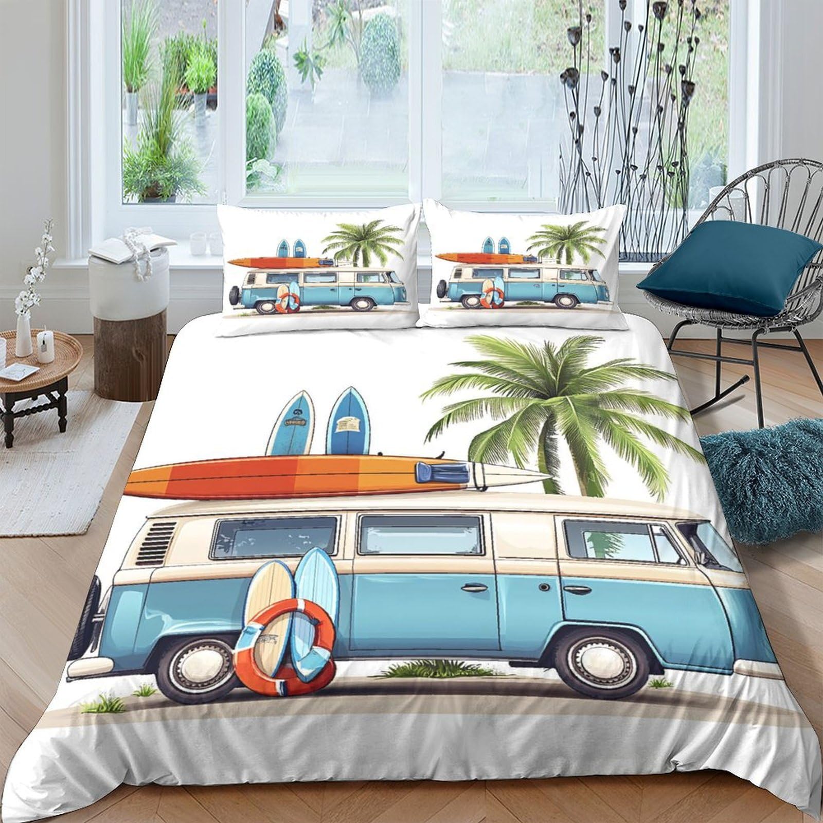 Ctjqhvkz Style-2 3D Printed Blue Camper Van Fitted Sheet Microfiber Soft Surfer Palm Tree Bed Cover For Bedroom Guest Room Decor Single（135X200cm）